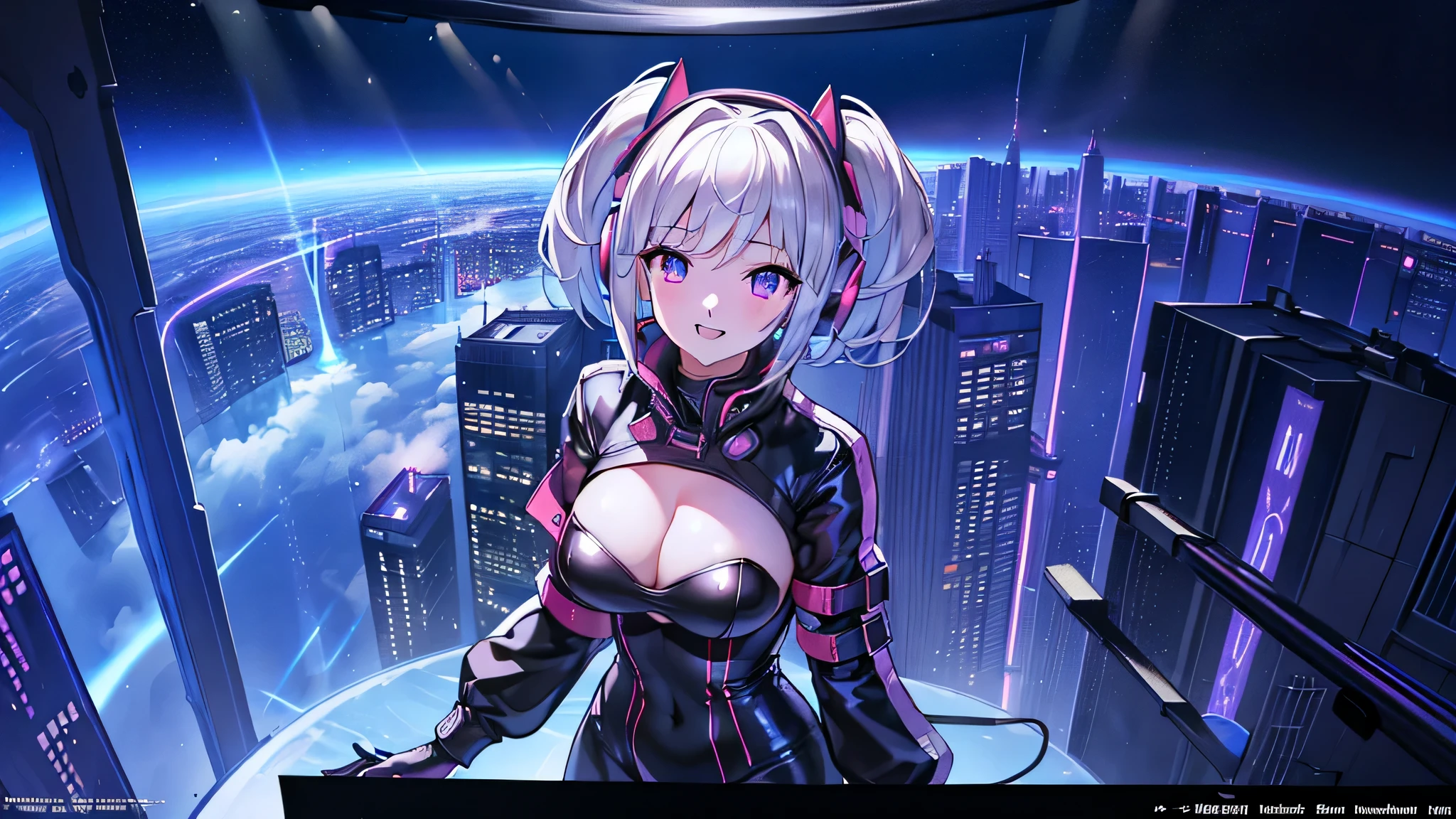 (highest quality), (masterpiece), (photoRealistic), (Realistic), Very detailed, unity 8k wallpaper, Extremely detailed CG, Ray Tracking,laughing, I can see her cleavage,Sharp Shadow, Amazing details, Depth of written boundary, Very detailed background, All glass DJ booth on top of a skyscraper in a futuristic city. Female DJ playing music, Dressed in latex with a bolero-type jacket, A holographic screen floating on the roof of a skyscraper in a futuristic city. Light-emitting drones fly around her, And her music reverberates throughout the city.. (Overhead view composition),:1.4, Aurora Production,