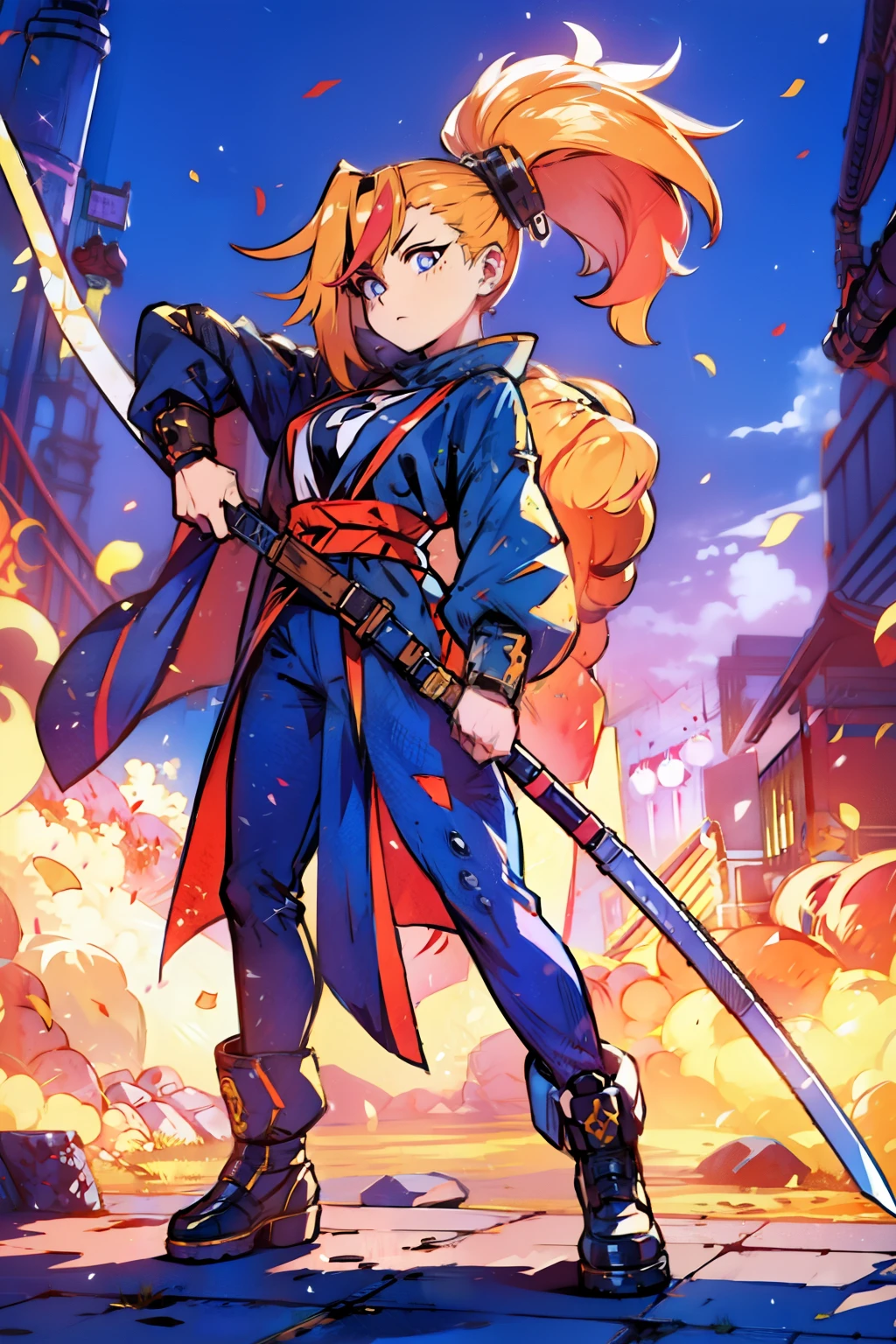 gorgeous woman, holding a giant katana on her shoulder, perfect face, ultra long hair, standing, ultra detailed face, kunoichi, perfect giant katana, heavy katana