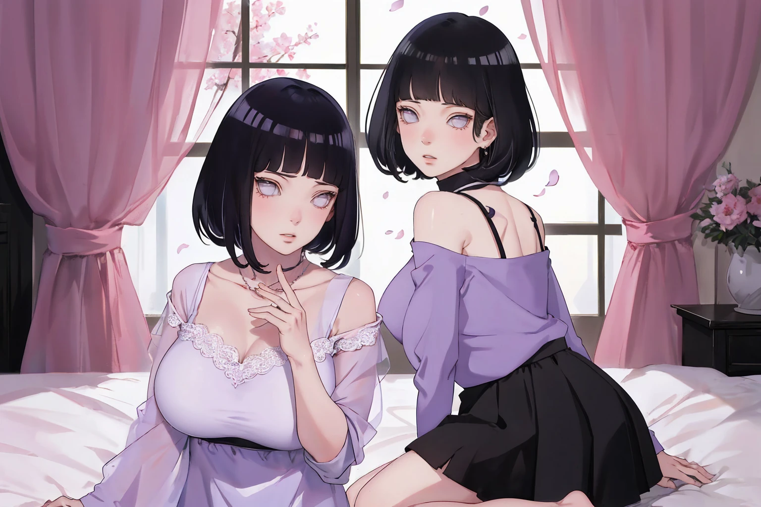 { - anatomy error} (Masterpiece - Ultra-detailed, very high resolution) (huge titusty, masterpiece, absurdres, hinata\(boruto\), 1girl, solo,mature female, off-shoulder bra, high waist black short skirt, looking at viewelling petals), perfect composition, detailed lips, big breast, beautiful face, body propotion, blush, (pink lips), short hair, (black hair), purple eyes, soft gaze, super realistic, detailed, photoshoot, realistic face and body, closed mouth, sitting on the bed , lilac eyes, upper body, lace clothes, backwards, looking back, with chin resting on shoulder, perfect fingers
