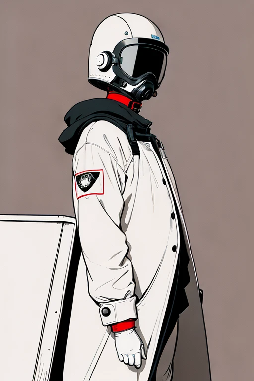  (ultra detailed,ultra high res,detailed background),((2D)),((flat color)),((muted color)), 1solo, looking at viewer, white hazmat suit, (big red galoshes), plush collar, full body image, square helmet