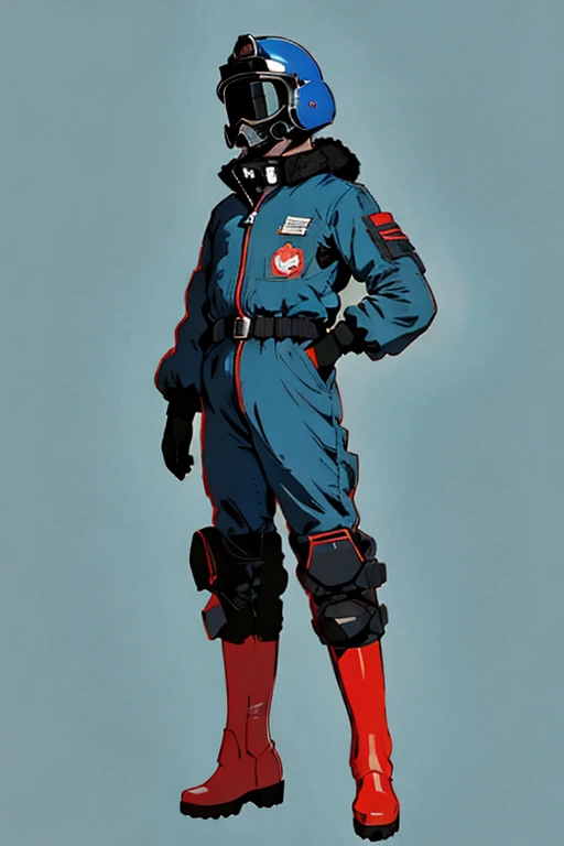 full body image, (ultra detailed,ultra high res,detailed background),((2D)),((flat color)),((muted color)), 1solo, looking at viewer, baggy flight suit, large fur collared bomber jacket, (big red galoshes), plush collar, full body image, square helmet, ((smokey blue background)), ((apocalyptic city)), entire body in frame,