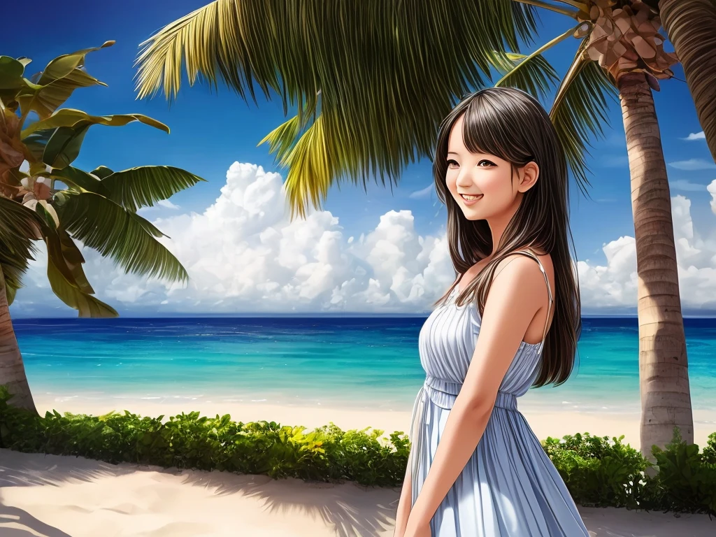 best quality,4k,highres,(realistic:1.37),girl in a blue coast,playful girl,blue sky,white clouds,coconut trees,illustration,ultra-detailed,vibrant colors,summer vibes,sunny day,warm sunlight,soft breeze,joyful expression,loose-flowing dress,natural surroundings,palm trees,beach scenery,beautiful detailed eyes,beautiful detailed lips,dreamy atmosphere,peaceful ambiance,bright colors,relaxing environment,seaside vacation,carefree mood,blissful moments,happiness