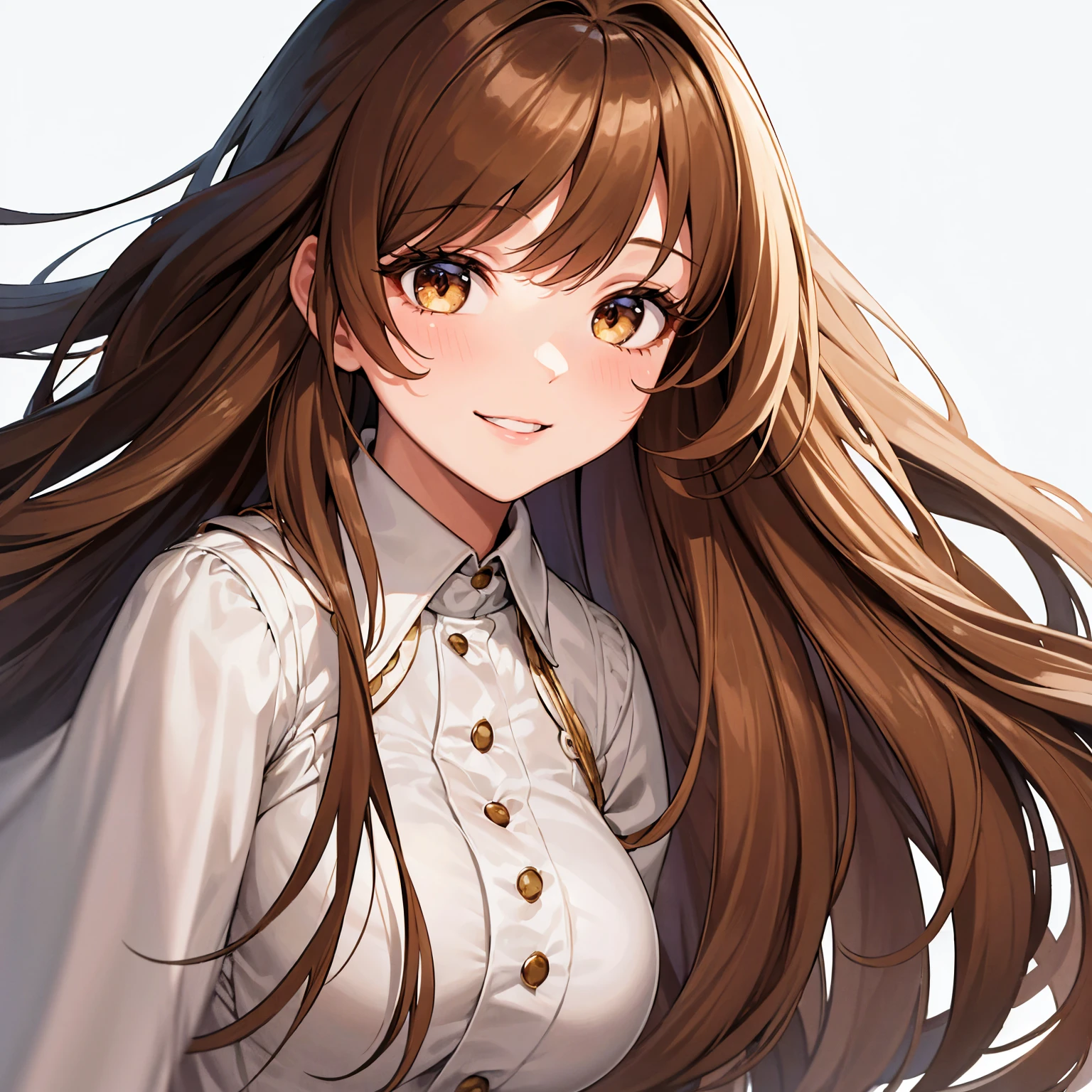 1girl, solo, upper body,
light brown hair, long hair, wavy hair, curtain bangs,
brown eyes, long eyelashes, thick eyelashes, looking at viewer,
smile,
white sexy dress,
white background, simple background,