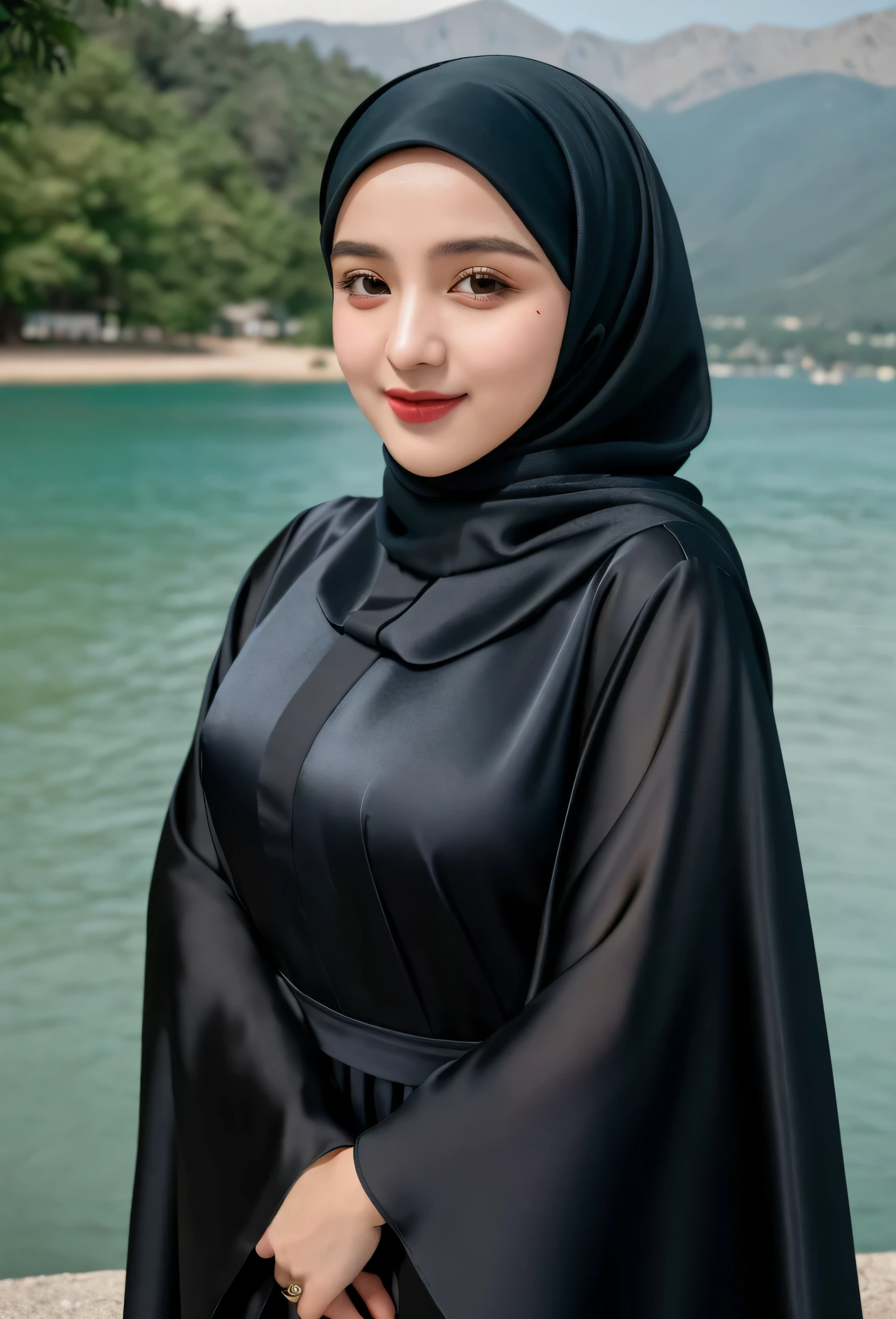 RAW photo of a 18 year old girl wearing hijab, satin abaya, satin, hijab face portrait, lake background, 8k uhd, dslr, soft lighting, high quality, film grain, Fujifilm XT3, covered dress, decent dress, big tits:1.5,cheerful facial expression.