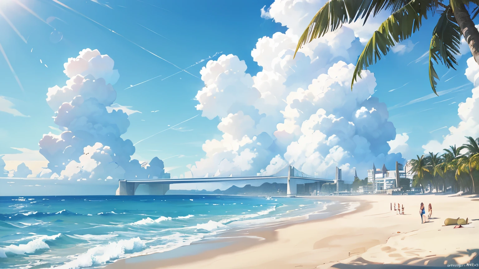 Beautiful scene at the Blue Coast beach, sunny day with a blue sky dotted with fluffy clouds, clear waves gently lapping at the shore, palm trees silhouetted against the sky, terns diving into the water, summer holiday atmosphere, people sunbathing, children building sandcastles, splashing water joyfully, a truly captivating and vivid scene, ultra-detailed rendering, realistic textures, 8K resolution, HDR effects, physically-based rendering, sharp focus, dynamic shadows, vibrant colors, professional quality artwork, perfect representation of a sunny beach day.