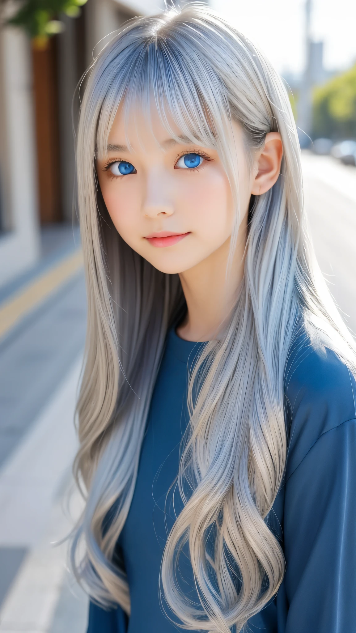 Shining, clear, white skin、Her windblown silver hair hides her beautiful face.、huge、28 years old cute sexy little beautiful face、Beautiful straight hair that stands out、growing up, Sparkling light blue eyes、long silky bangs that cover cute eyes, Sexy and cute young woman with super long hair hiding her sexy face、shining silver hair