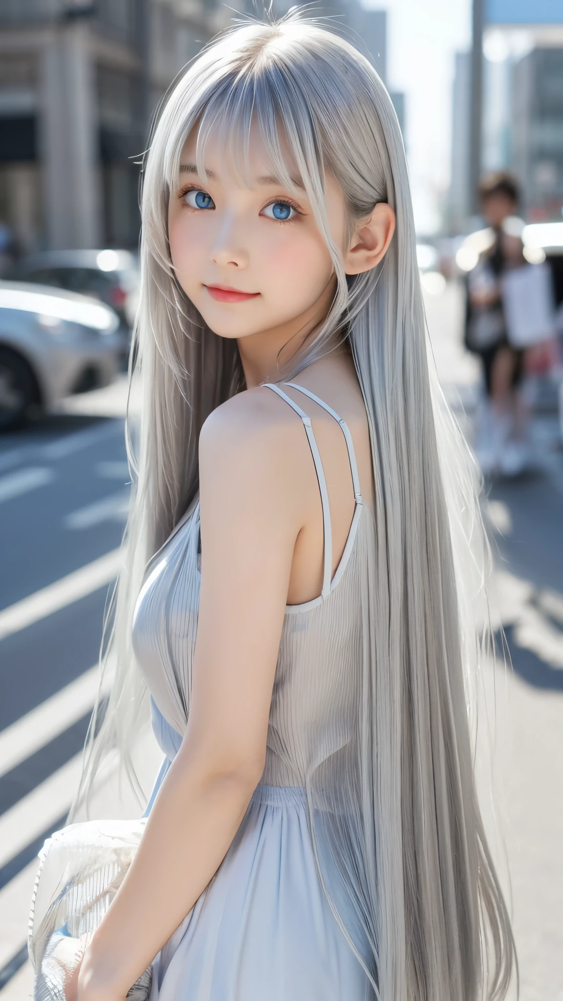 Shining, clear, white skin、Her windblown silver hair hides her beautiful face.、huge、28 years old cute sexy little beautiful face、Beautiful straight hair that stands out、growing up, Sparkling light blue eyes、long silky bangs that cover cute eyes, Sexy and cute young woman with super long hair hiding her sexy face、shining silver hair