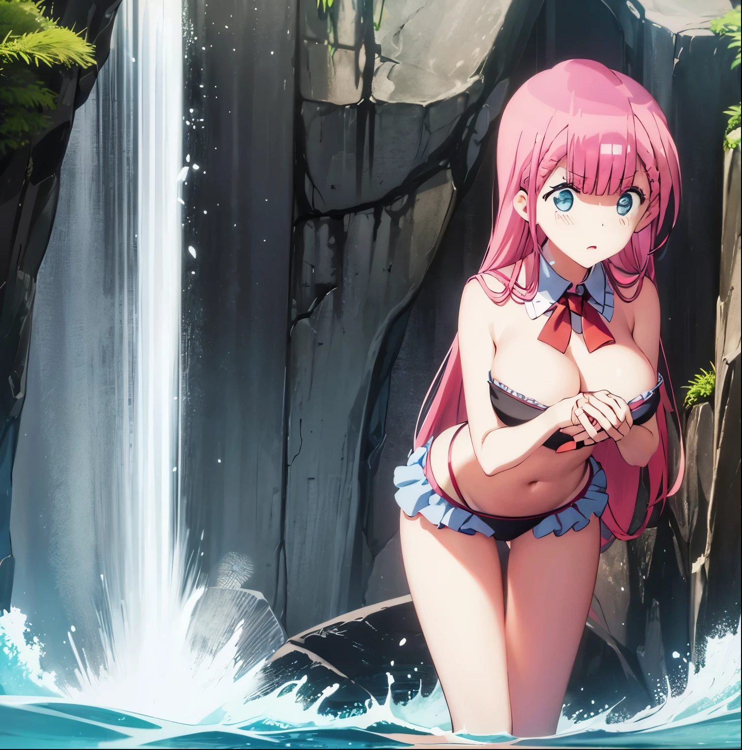 1 girl, alone, best quality mafuyu kirisu, (masterpiece: 1.2), highly detailed, water, splashes, clouds, mafuyu kirisu, (from angle: 1.4), standing, leaning forward, looking at viewer, mouth closed, blushing, blue eyes, pink hair, long hair, bikini with front tie, bikini with side tie, black bikini, ruffles, big breasts, medium waist, wide hips, medium thighs, perfect anatomy, perfect hands