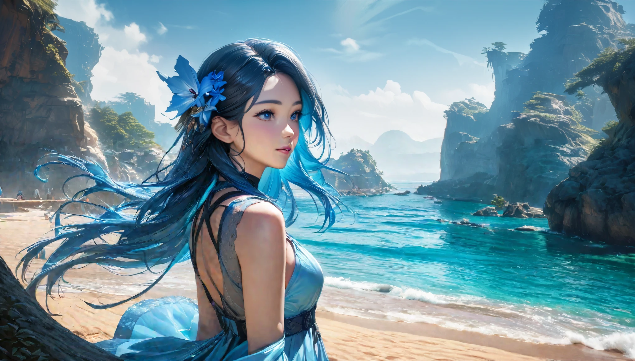 The prompt for Stable Diffusion: A lovely nubile Malaysian woman(age 30, blessed proportions), sunbathing on a sci-fi fantasy Venus beach, surrounded by a captivating scenery of a blue sea, sparkling blue sand, and large blue crystal outcroppings. The image should showcase the best quality with 4k or 8k resolution, high details, and a photorealistic rendering. The art style should combine elements of portraits and landscape, creating a vivid and captivating visual. The color palette should be dominated by various shades of blue, creating a serene and ethereal atmosphere. The lighting should be natural yet enhancing the beauty of the woman and the surroundings.