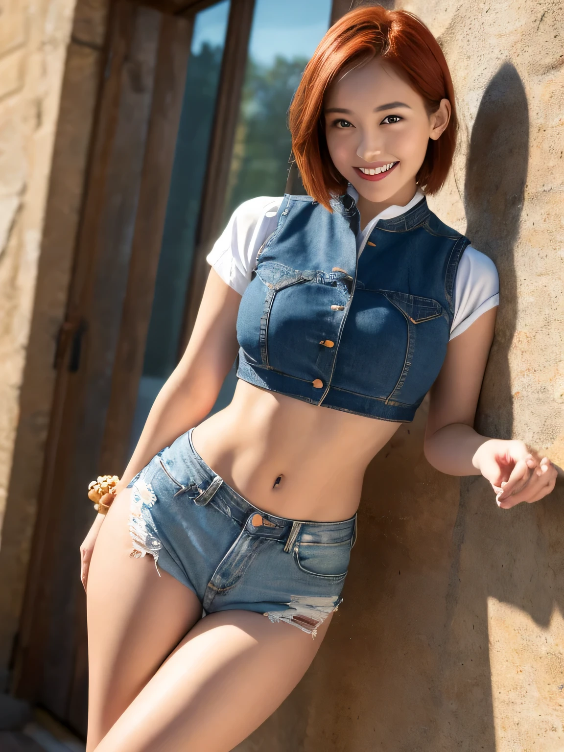 (sfw:1.5)、1 female、masterpiece, RAW Photos, highest quality, reality、Depth of written boundary, Lens flare,  （Low cut and tight )、（ultra short distance，Denim hot pants）），((Telegraph slang)),((Long legs)), （Thigh Gap：1.5），Small waist、（Wide Hips），（Big Ass），pretty girl, Idol,(Big smile:1.3),Small waist、（Big Ass:1.6），（White crop top：1.5）、Brightly colored vest， short hair, Redhead， reality， photo shoot，（Exquisite detail）， Very detailed， High resolution， original，  highest quality， Detailed face， (Very beautiful face, Beautiful Lips, Beautiful Eyes), A face with intricate details, （Plump red lips），（Thigh Gap：1.5），Small waist、（Wide Hips） 、short hair, Redhead，Open chest, Turn around, (((Buckshot)))