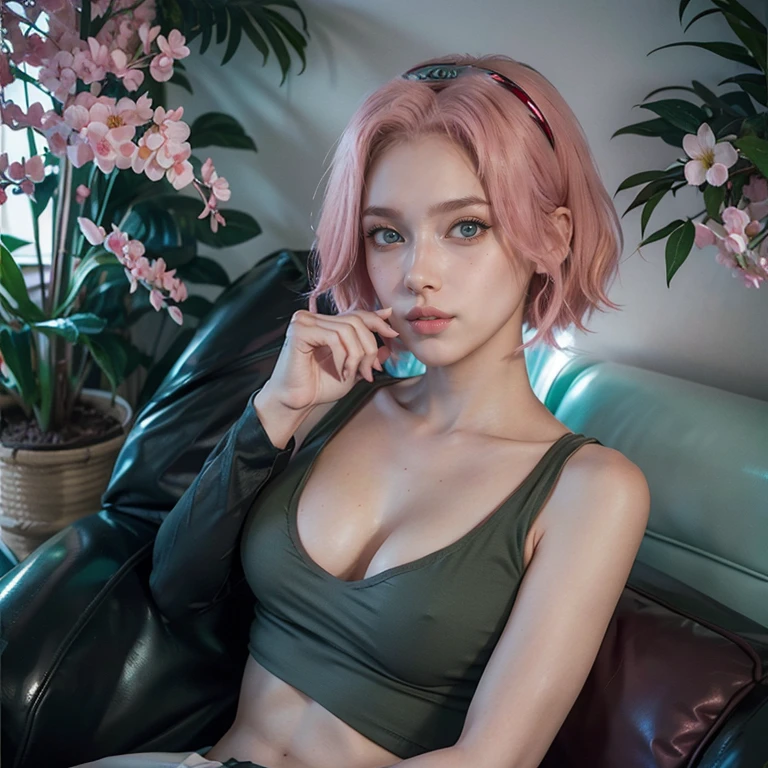 young woman, short shoulder-length pink hair, wide forehead, porcelain skin, pink eyebrows, big emerald green eyes, buttoned nose, full lips, heart-shaped face, slender body, small breasts, red tank top, Sakura Haruno , realistic, realism, details, 3d, well detailed