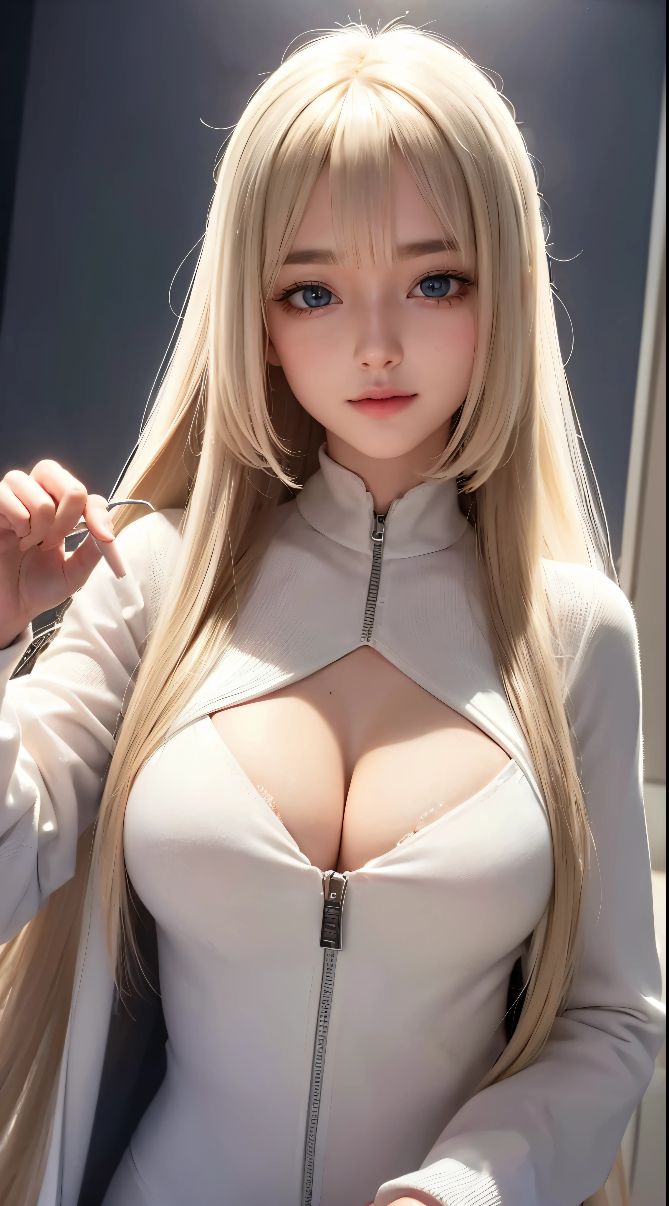 (Baby Face, Virgin face, masterpiece, High resolution, 8k, 1 girl, Super detailed, Fine skin, White skin, Lighten up the subject, Cinema Lighting, Beautiful Face, Fine grain, Lip gloss), (((Detailed anatomy))), Blonde, Super long hair, Hime cut, Silky straight hair, Blunt bangs, blue eyes, (Slender body), ((Saggy breasts)), (((Large Breasts))), photograph, (Focus on the upper body), Cute smile, View your viewers, Wearing a white knit long sleeve, Wearing a white knit long sleeve, Blonde Super long hair, Straight long hair, Hime cut, Silky straight hair, Blunt bangs, Blunt bangs, lure, 28 year old girl,The front zipper is open,A face plagued by shame