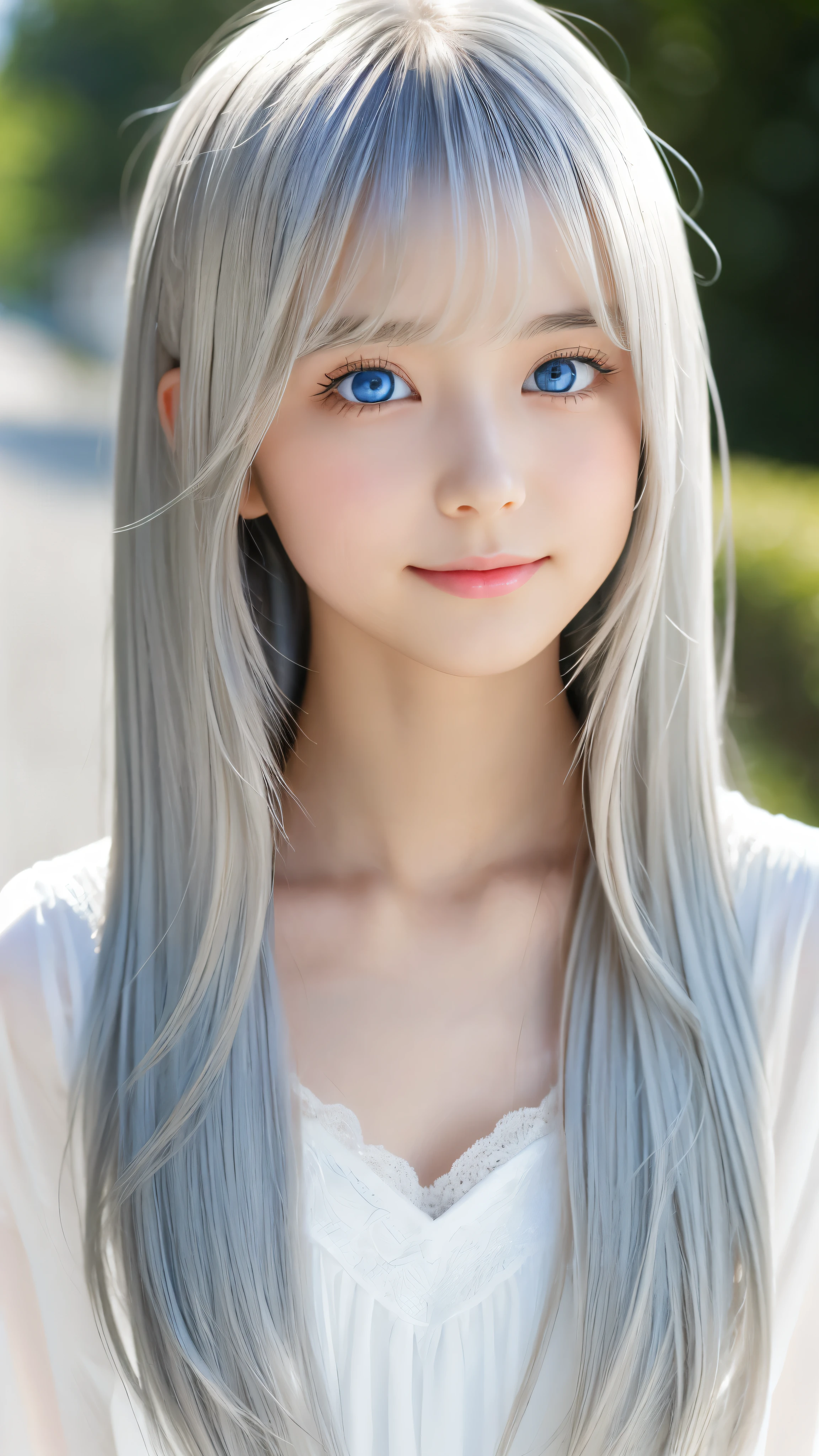 Shining, clear, white skin、Her windblown silver hair hides her beautiful face.、huge、28 years old cute sexy little beautiful face、Beautiful straight hair that stands out、growing up, Sparkling light blue eyes、long silky bangs that cover cute eyes, Sexy and cute young woman with super long hair hiding her sexy face、shining silver hair