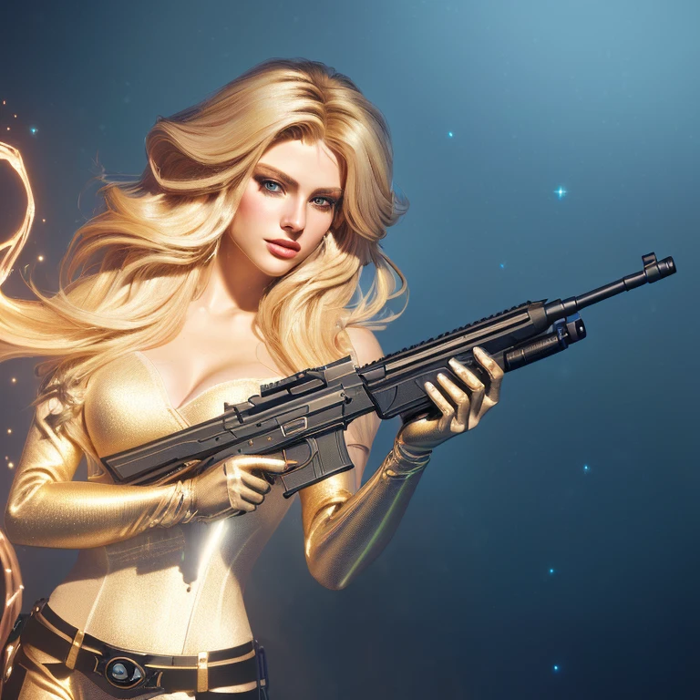 1girl,a beautiful fashion model ,(masterpiece, detailed background, best quality), shiny hair, light blonde hair with blonde highlights dark roots, ,smirk,juicy lips, full lips, calmart, lingerie, stripping, elegant makeup, sci fi environment, wielding laser hand gun