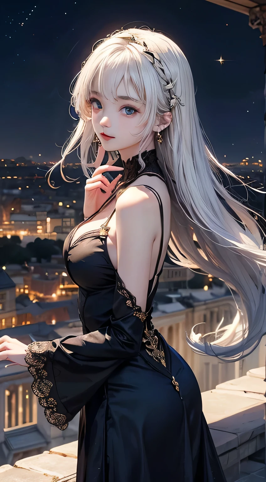 Night scene,（White Hair Girl:1.5）,（（masterpiece））、（detailed：1.4）（Close-up）、angle from above、（Backlight）(A fantastic atmosphere、Ancient Capital、Fantastic beauty images,One Woman、White Dust、Light Danceysterious atmosphere、Suspended particles), (Black Dress、long dress with sleeves、Dancing Girl、Put your hand to your mouth)、（Gray hair that changes with light、Long, lustrous white hair、white hair fluttering in the wind、Beautiful bangs:1.3）、（Beautiful white and shining skin、Cheek gloss highlight、Sexy and very beautiful and adorable face、The most beautiful face in the world、Big, sparkling blue eyes）、（A cute 25 year old girl、Ample breasts、Great cleavage small waist、delicate shoulders、Perfect figure） Look here、Laugh mischievously
