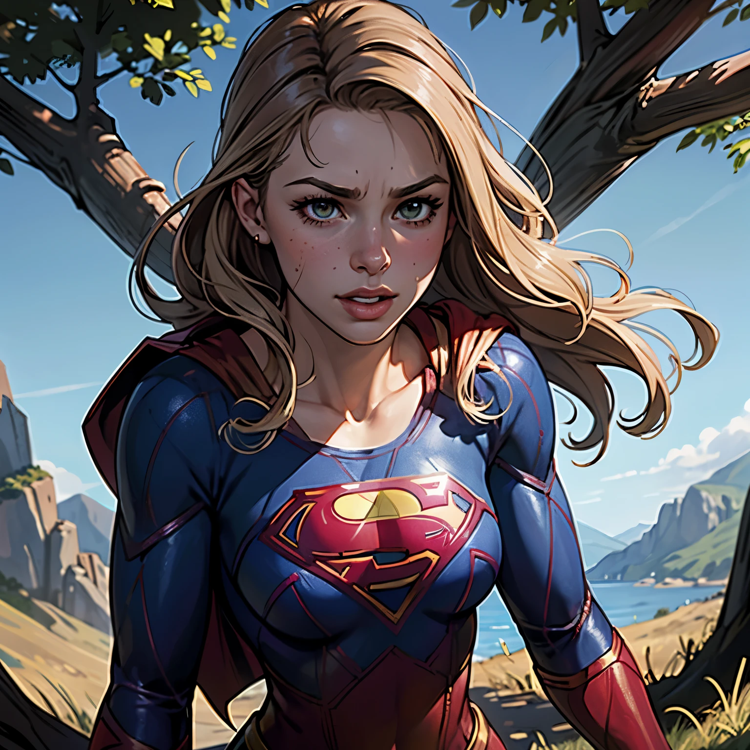 ((highest quality)), ((masterpiece)), (be familiar with), (High definition), (Realistic), (Realistic), (Best Shadow), Low contrast, (Complex:1.4), Side lighting, 8K, ((melissa Benoist)), ((SUPER GIRL)), Perfect Face、Detailed、(Accurate hand and finger depiction)、supergirl women、Blonde、Voluptuous body、Large Breasts、Narrow waist、Big Ass、Alluring、glamorous、(Action Scenes)、((Punching an enemy:1.2))、sweating、On the grass、in the deep forest、blue sky、((Upper body close-up:1.2))