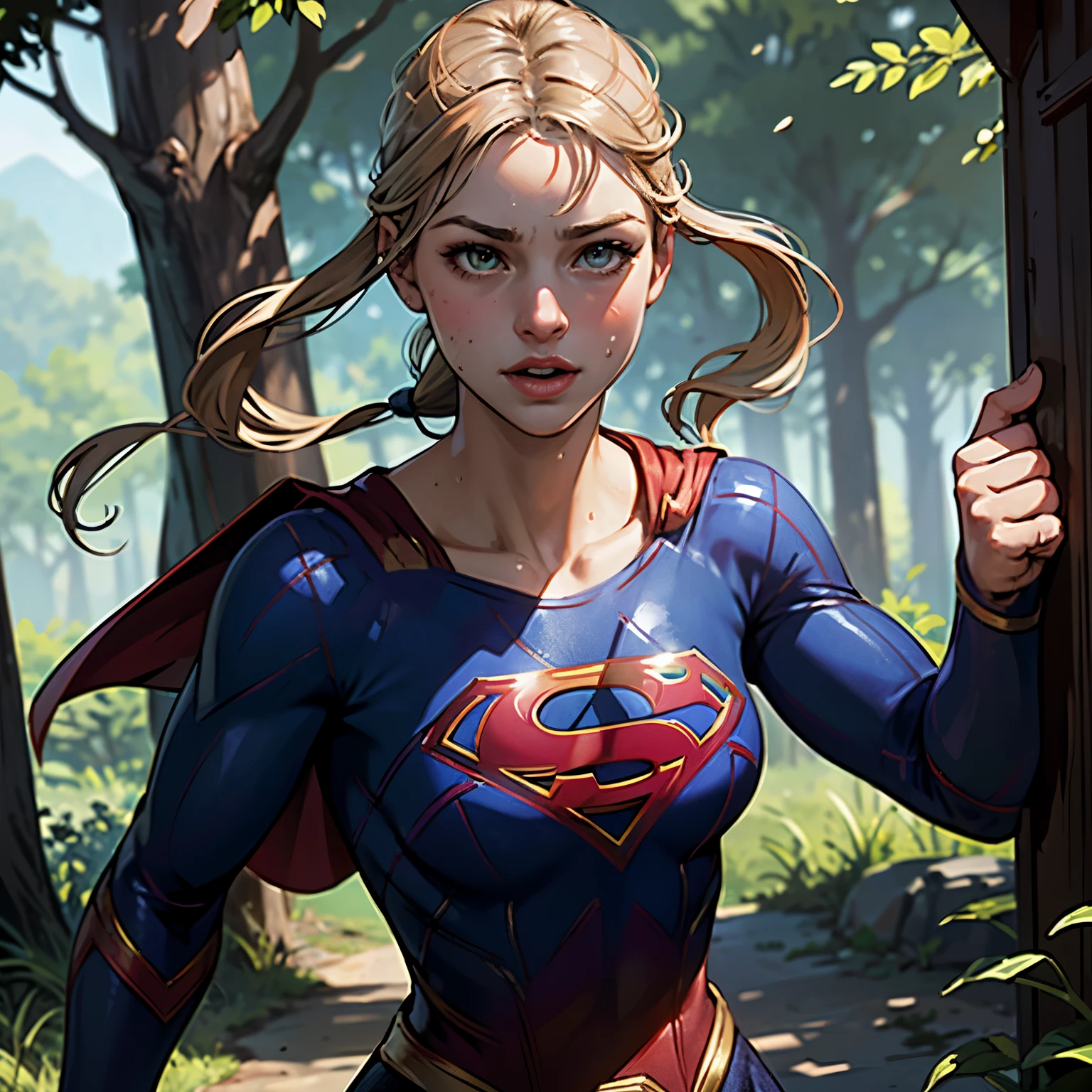 ((highest quality)), ((masterpiece)), (be familiar with), (High definition), (Realistic), (Realistic), (Best Shadow), Low contrast, (Complex:1.4), Side lighting, 8K, ((melissa Benoist)), ((SUPER GIRL)), Perfect Face、Detailed、(Accurate hand and finger depiction)、supergirl women、Blonde、Voluptuous body、Large Breasts、Narrow waist、Big Ass、Alluring、glamorous、(Action Scenes)、((Punching an enemy:1.2))、sweating、On the grass、in the deep forest、blue sky、((Upper body close-up:1.2))