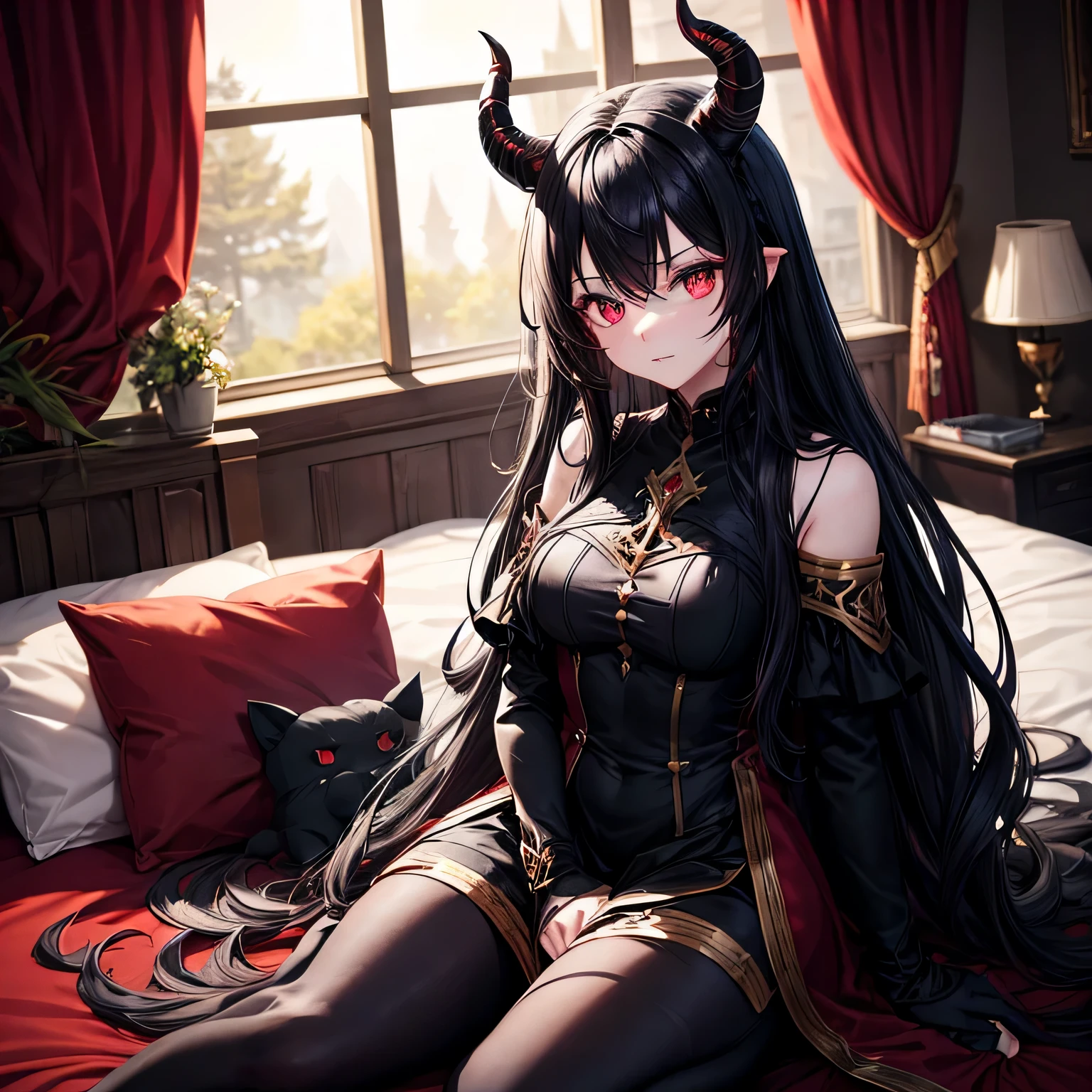 seductive naked lady with ample bosom and wearing revealing sexy lingerie, devil horns, black color scheme, black hair, blue eyes, smirk, laying on bed, showing off feet, one foot up, correct foot anatomy