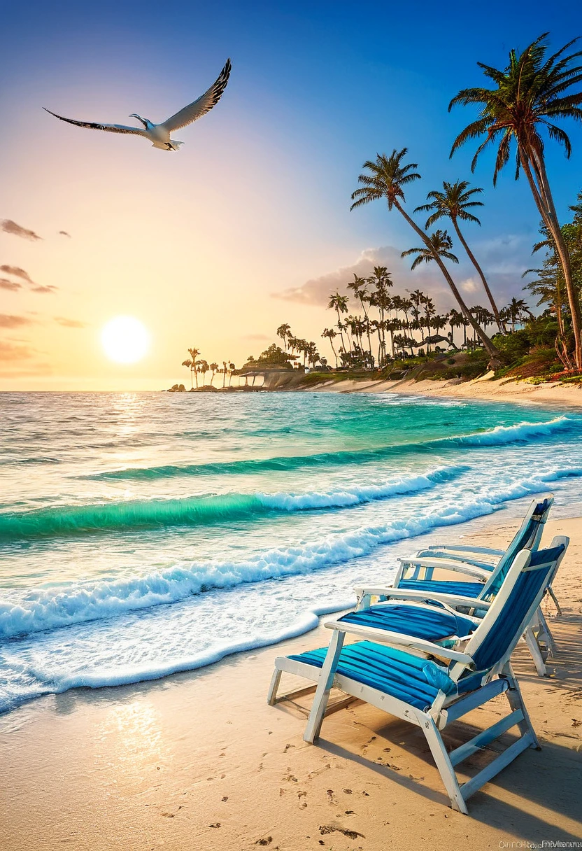 National Geographic photographer:1.4, blue coast, landscape of a paradisiacal beach, palm trees, white sand, seagulls, beach chairs beautiful waves crashing on the beach, sunset, sun falls illuminating the waters photograph taken by a professional photographer:1.5, representative of this beautiful tourist landscape, magical, masterpiece, photography awarded for its beauty, vivid and harmonious colors, cinematic lighting, 32k