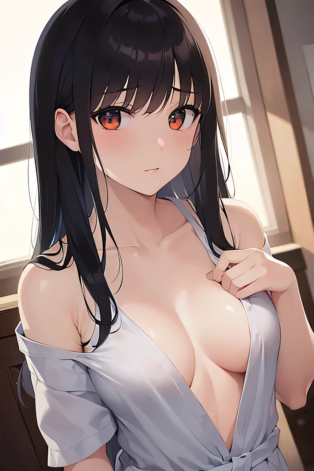 (avert your eyes:1.2), Look down, Upper Body, Realistic, Real person, (Pale skin: 1.2), RAW Photos, Realistic, Portrait Photography, Shiny skin, Japanese Idols、Shiny Hair、(A 25-year-old woman with medium-length hair and bangs) and (Wavy Hair) and (Brown Hair) and (Orange eyes) , (black) and (Plain T-shirt) and (Extra Large) 、(sad:1.2), The background is the living room、alone、Are standing,naked,All naked