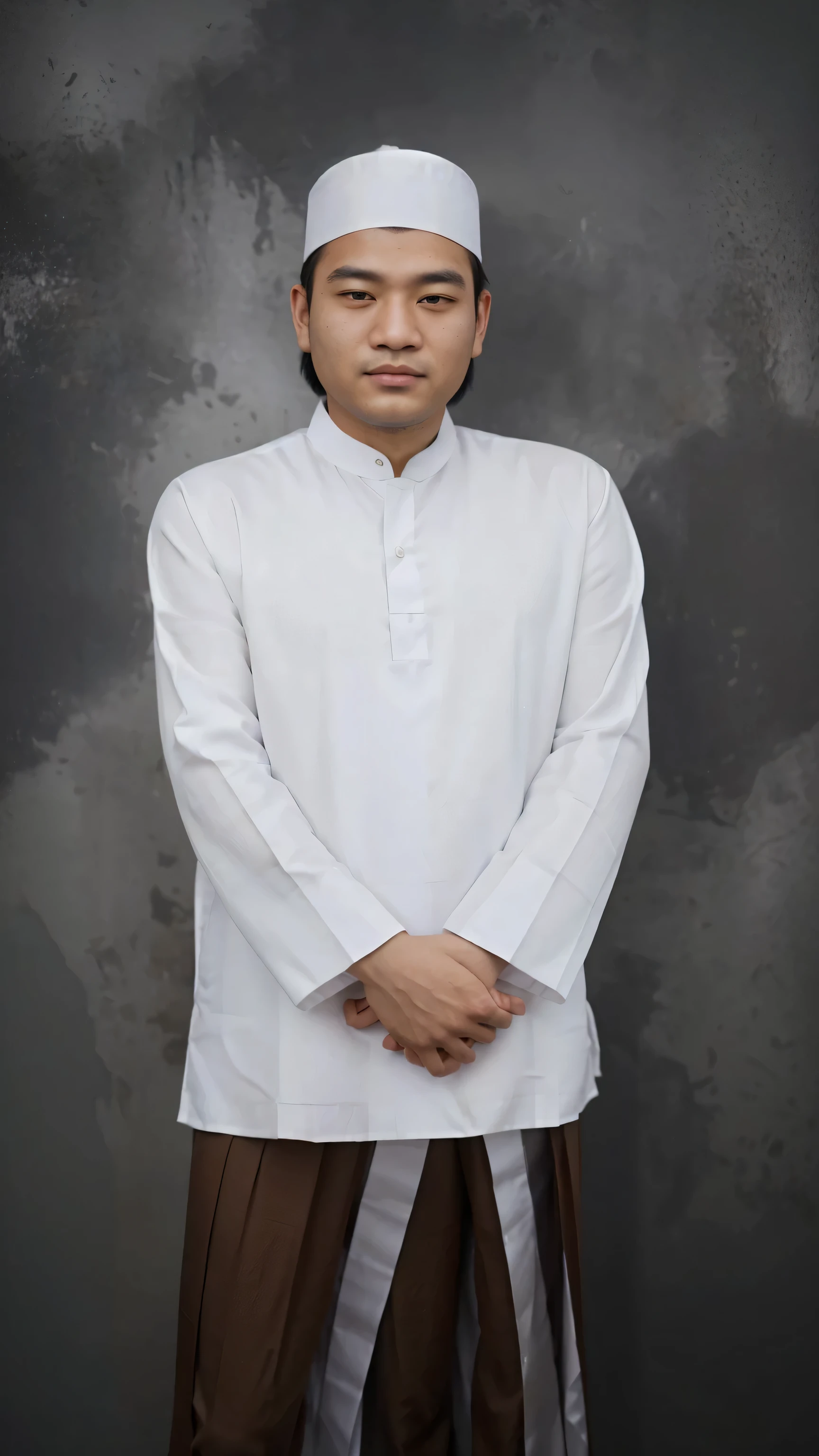 Make this photo a look realistic, arafed man in a white shirt and a striped skirt, 3 0 years old man, full body portrait shot, dressed thobe, wearing white cloths, white uniform, white daoist robes, wearing white silk, full body photograph, white sleeves, ao dai, wearing white shirt, traditional clothing, wearing a silk kurta, wearing a white shirt, asian male, realistic potrait photograph, perfect potrait photograh, very detailed potrait photograph