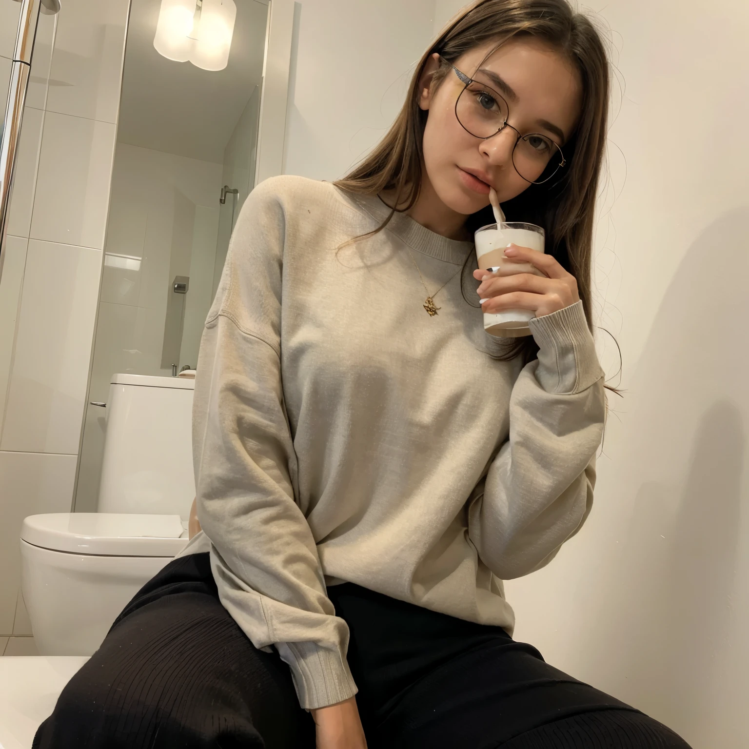 (Masterpiece)1.5  Girls With Black Glasses, Beautifull Face, Beautifull Body, Long Leg, Long Hand, With Sweater pants, Quiet Face, Drinking Two Milk, Sit On toilet, With brown tight Sweater Clothes, Cute Face,stick out tongue while Sad
  , Long Leg, Long Leg, Long Leg, Tongue, Open Leg, thin body, beatifull