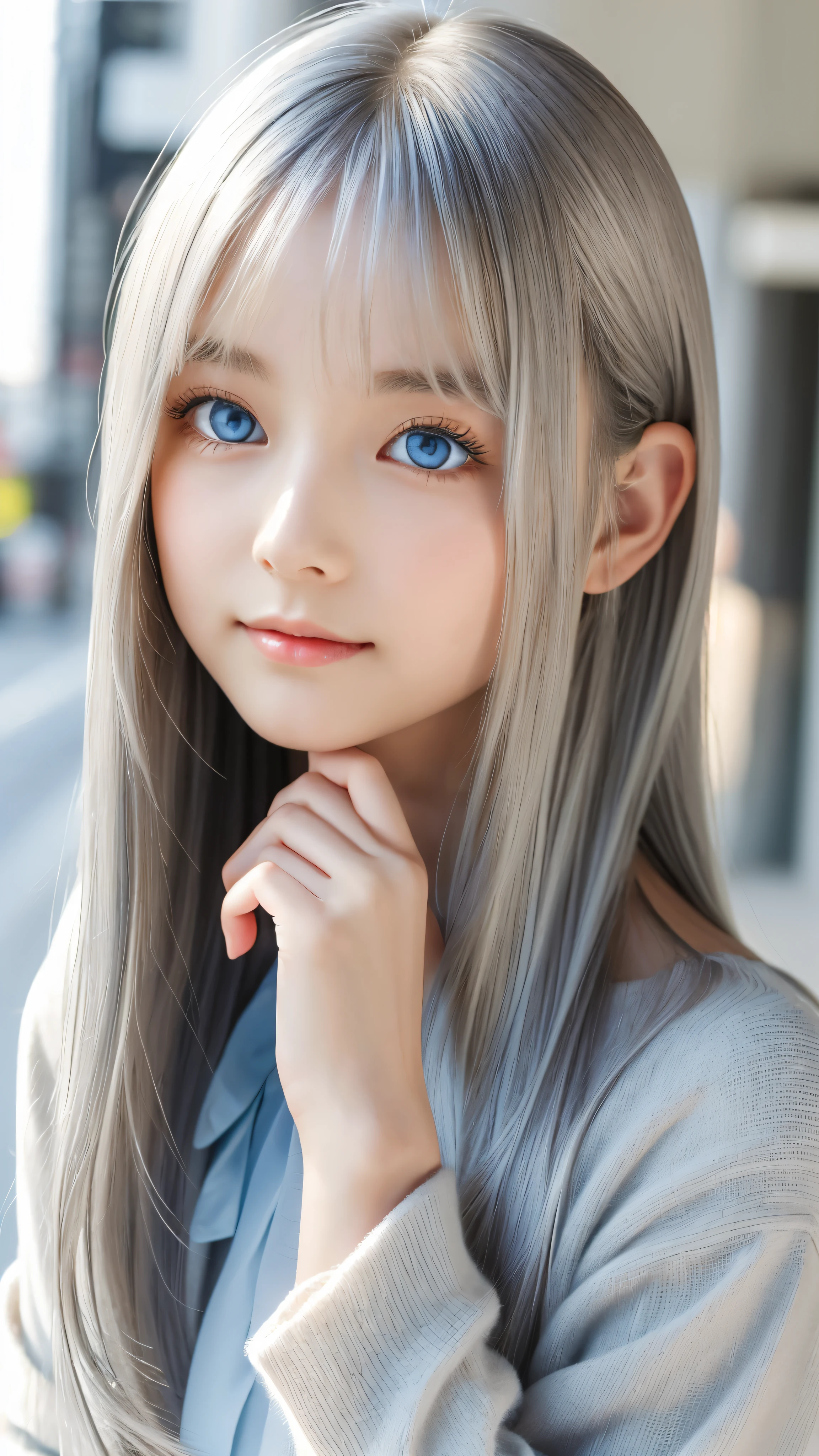 Shining, clear, white skin、Her windblown silver hair hides her beautiful face.、huge、28 years old cute sexy little beautiful face、Beautiful straight hair that stands out、growing up, Sparkling light blue eyes、long silky bangs that cover cute eyes, Sexy and cute young woman with super long hair hiding her sexy face、shining silver hair