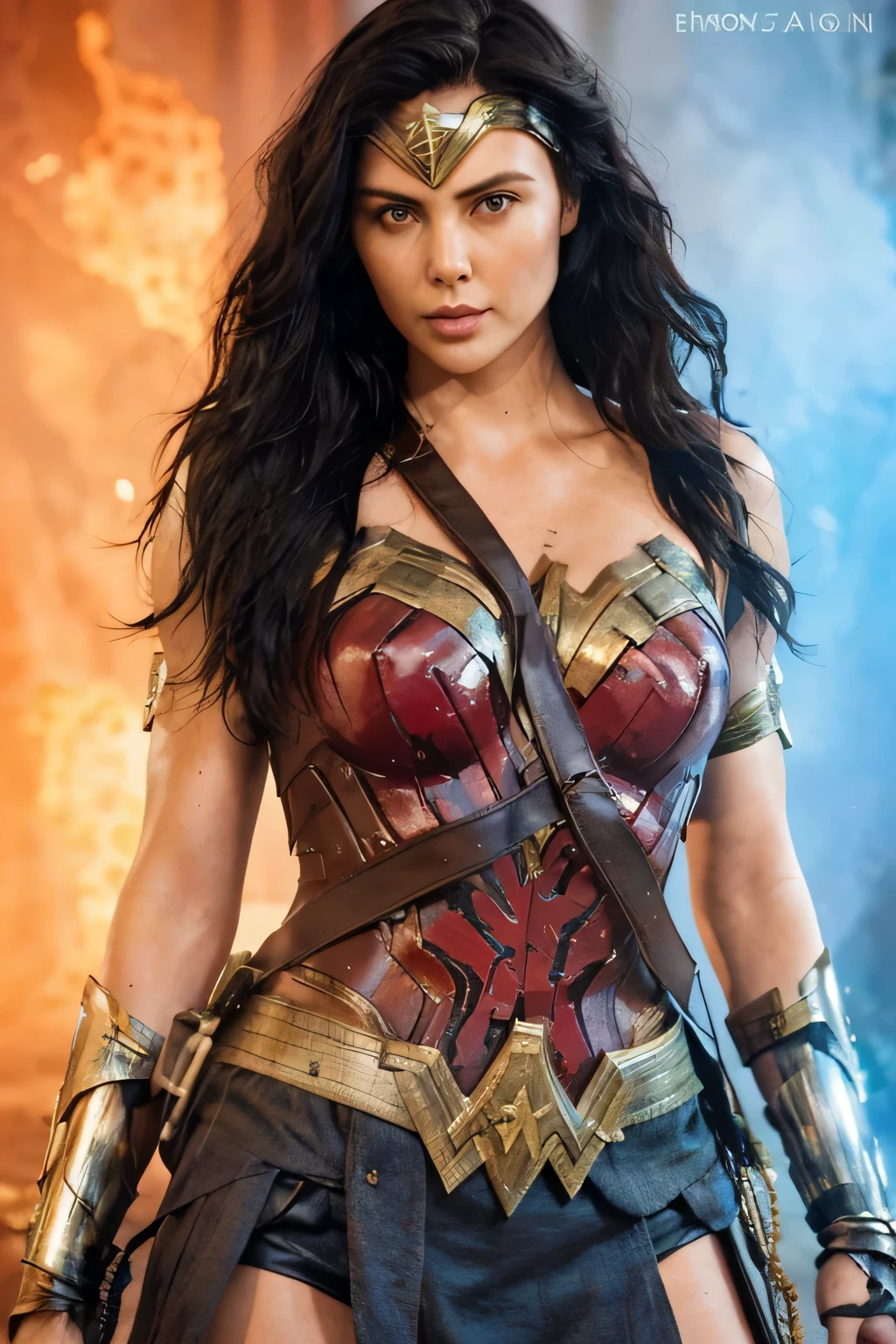 Charlize Theron under the mantle of the Amazon warrior Wonder Woman surreal and cinematic image long black hair perfect face updated suit from the big screen 
