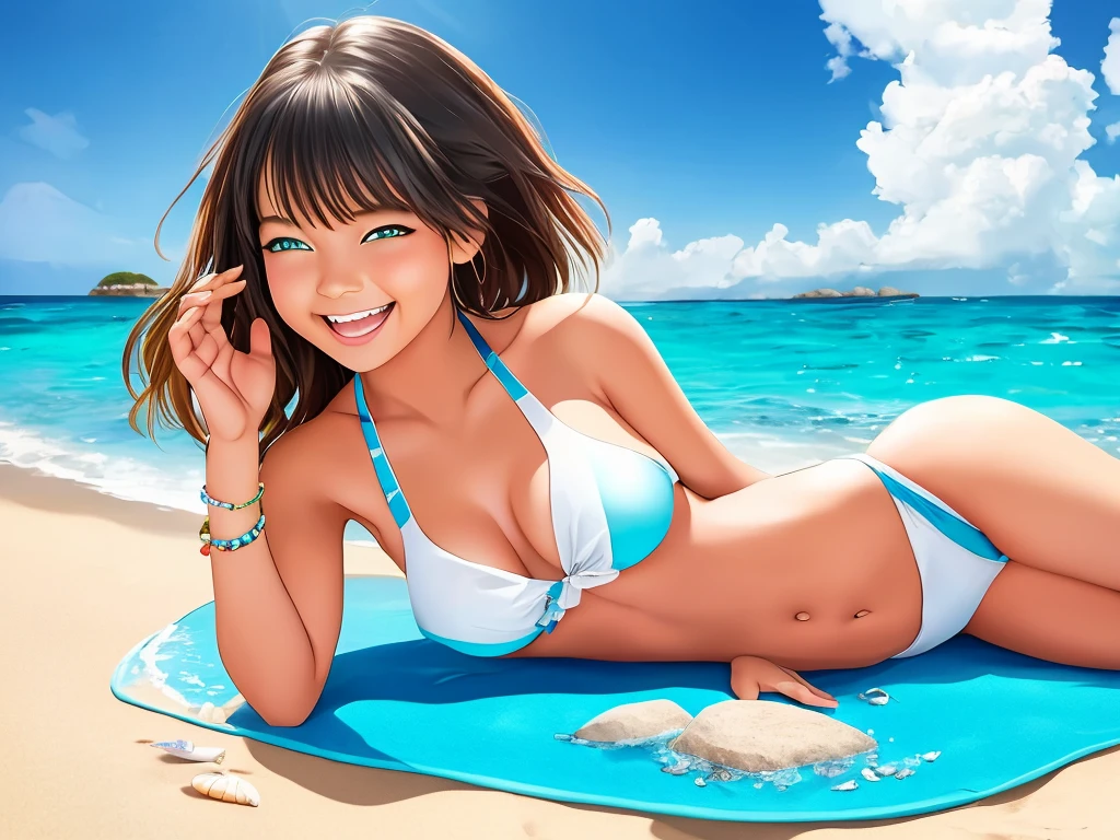 (best quality,4k,8k,highres,masterpiece:1.2),ultra-detailed,realistic,photorealistic:1.37,beautiful detailed eyes,beautiful detailed lips,extremely detailed eyes and face,longeyelashes,sunny day,blue ocean,playful girl,sandy beach,crystal clear water,tropical vibes,coconut trees,dancing waves,colorful bikini,glimmering sand,joyful laughter,blissful moments,refreshing breeze,lively atmosphere,vivid colors,summer fun,endless blue sky,fluffy white clouds,seashells scattered on the shore,splashes of water,the sound of seagulls,soft sun rays,tranquil horizon,warm tropical sun,positive energy,happy memories,relaxed vibes,beach vacation,fun in the sun,cheerful mood,memorable escapade,sun-kissed skin,adorable swimsuit,playful poses,exhilarating experience,untamed beauty,serene ocean view,seaside adventure,playtime by the sea,paradise getaway,unforgettable moments,unbounded freedom,innocent joy,dreamy summer day,unrestrained laughter,free-spirited girl,cheerful beach ambiance,blissful serenity,seaside paradise
