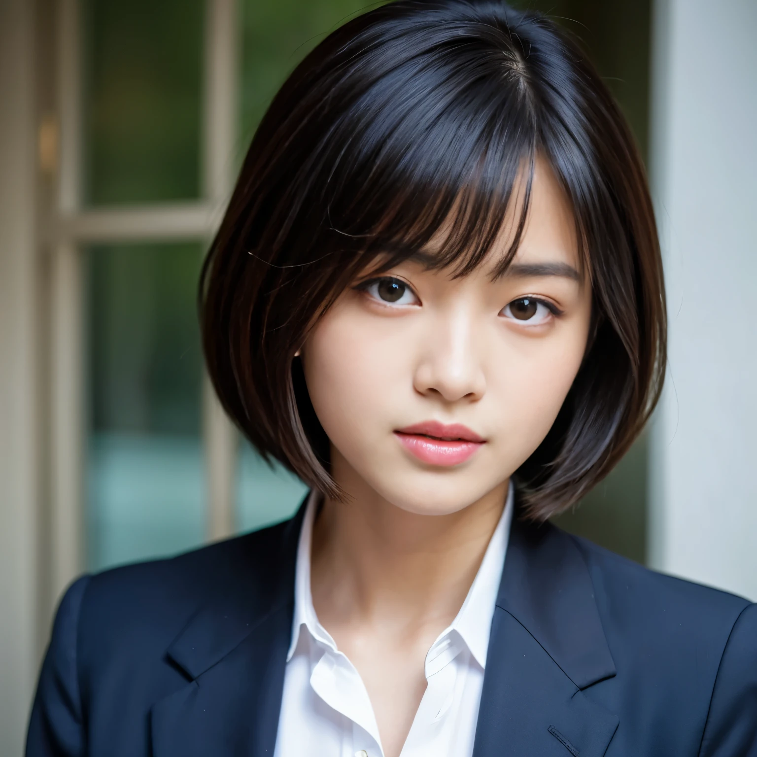 Best-quality, Masterpiece, Ultra-High-Resolution, (Photorealistic:1.4), Raw-Photo, 1girl, the most famous Japanese idol, -yeld, weng business suit with stylish-design, extremely cute face, extremely beautiful big-black-eyes, extremely beautiful black-short-cut-haired, extremely beautiful skins, extremely beautiful long-eyelashes, extremely beautiful lips, looking at viewer, detailed business-suit