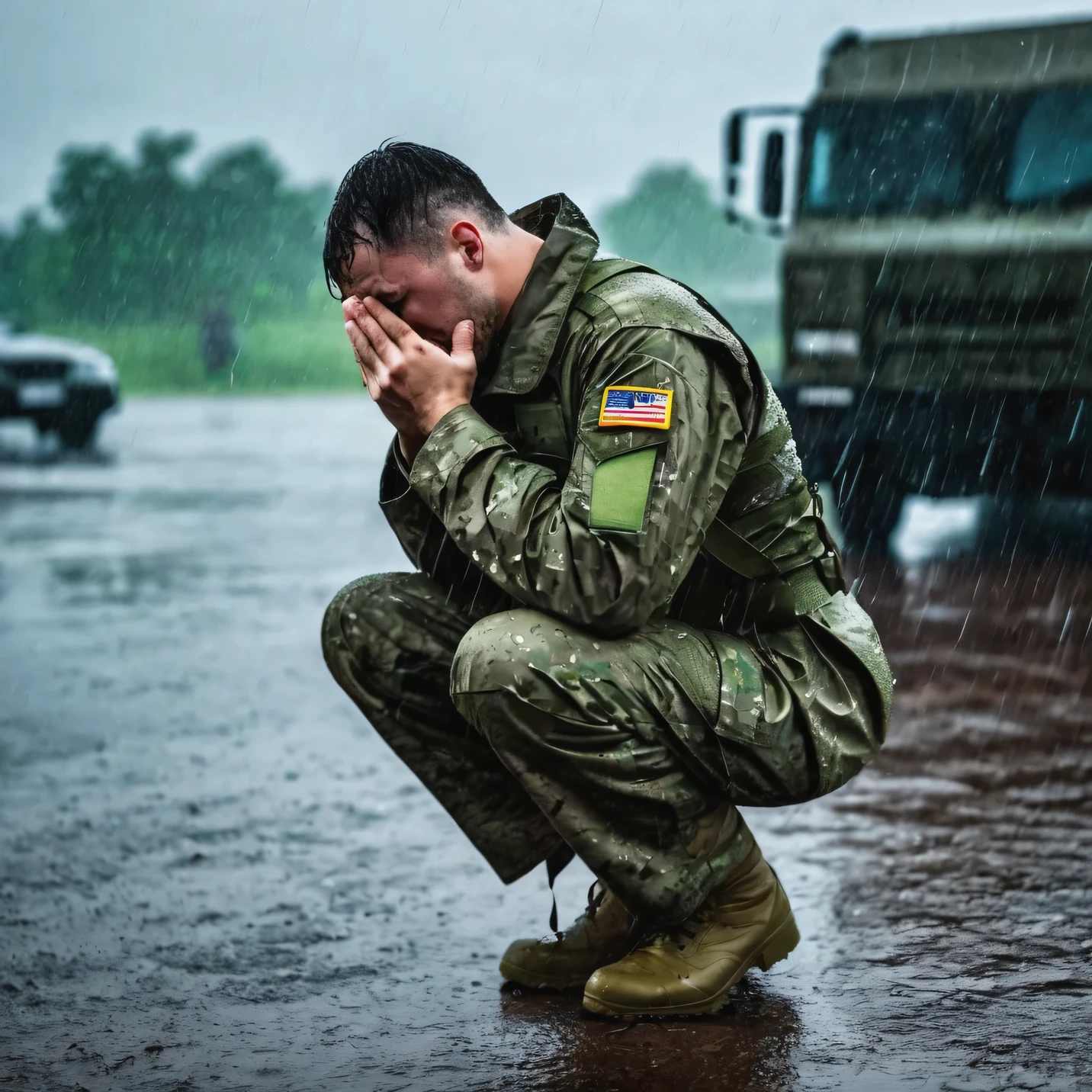 man, in the military, sad, crying, breaksdown, portrait view, rainy weather
