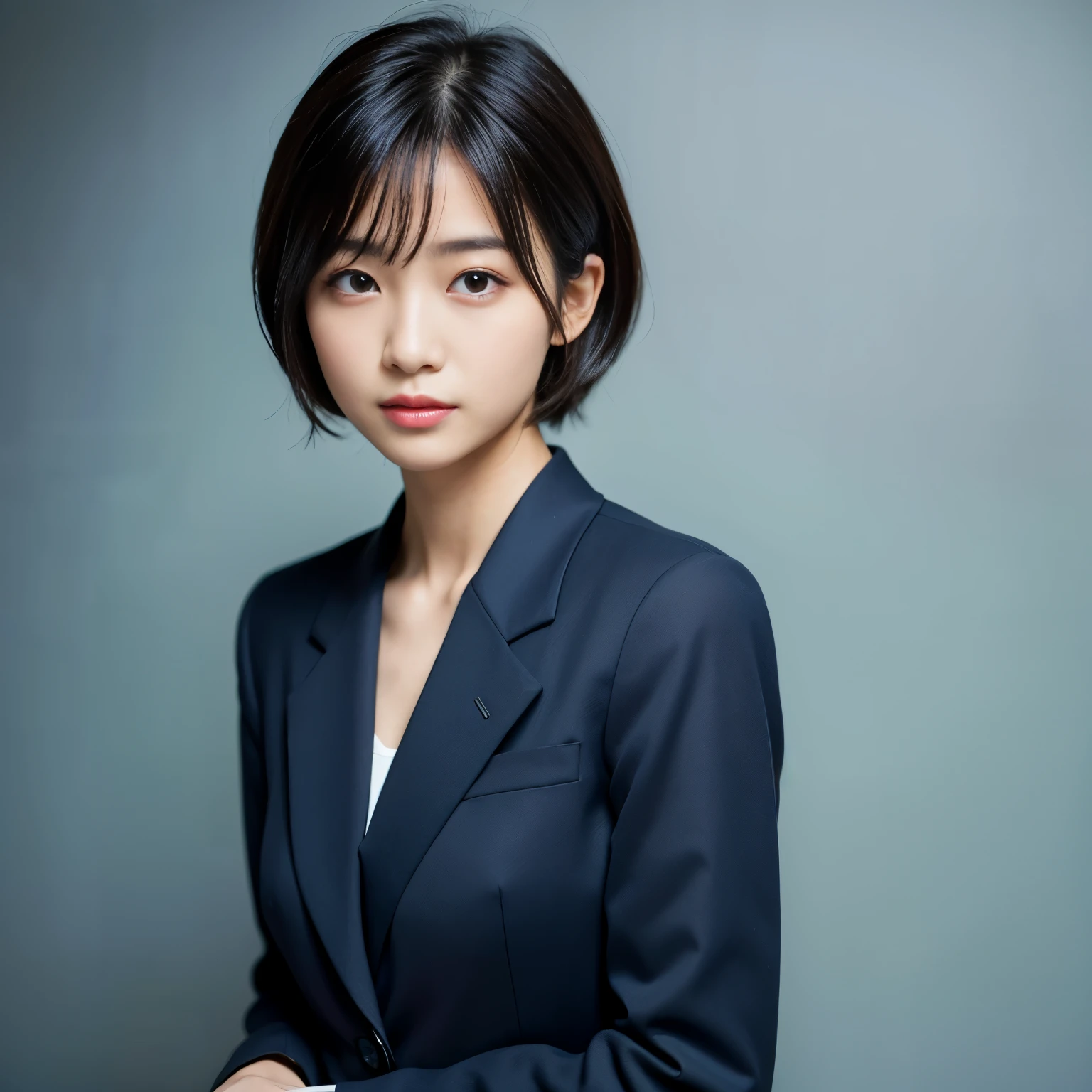 Best-quality, Masterpiece, Ultra-High-Resolution, (Photorealistic:1.4), Raw-Photo, 1girl, the most famous Japanese idol, 15-years-old, wearing business suit with stylish-design, extremely cute face, extremely beautiful big-black-eyes, extremely beautiful black-short-cut-haired, extremely beautiful skins, extremely beautiful long-eyelashes, extremely beautiful lips, looking at viewer, detailed business-suit