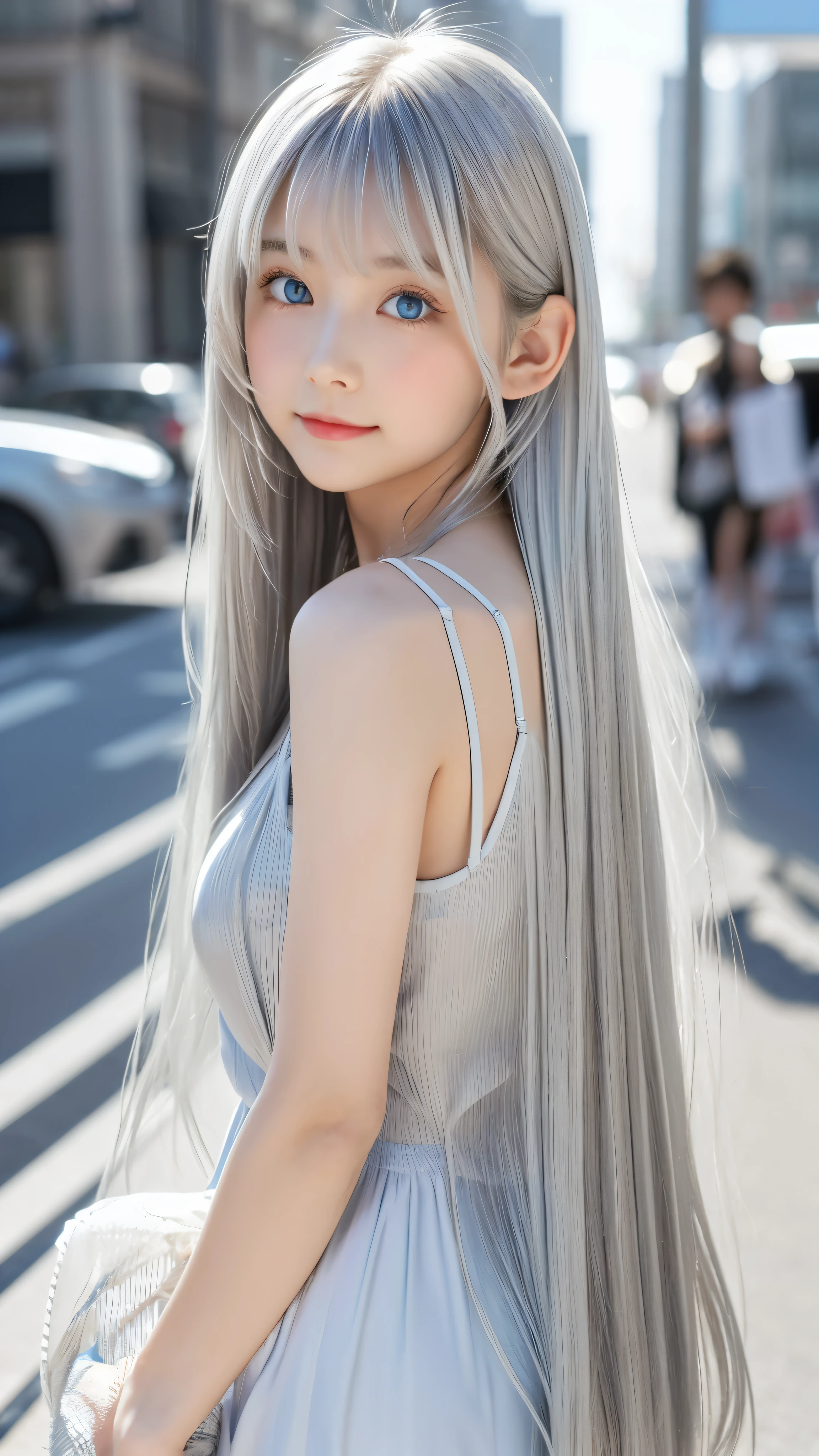 Shining, clear, white skin、Her windblown silver hair hides her beautiful face.、huge、28 years old cute sexy little beautiful face、Beautiful straight hair that stands out、growing up, Sparkling light blue eyes、long silky bangs that cover cute eyes, Sexy and cute young woman with super long hair hiding her sexy face、shining silver hair