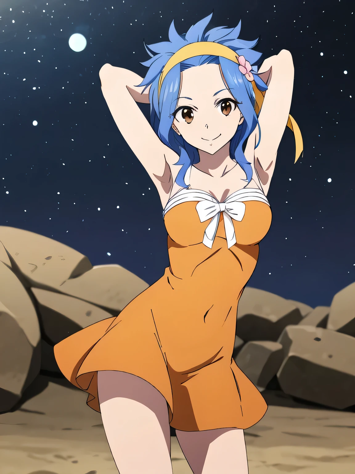 ((masterpiece)), (best quality), (absurdres), levy mcgarden, 1girl, blue hair, hairband, hair flower, smile, brown eyes, orange dress, colarbone, dynamic pose, contrapposto, spread armpit, arms behind head, solo, looking at viewer, (cowboy shot:1.5), closed mouth, night sky, beach, masterpiece, best quality, smile,