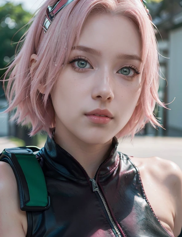young woman, short shoulder-length pink hair, wide forehead, porcelain skin, pink eyebrows, big emerald green eyes, buttoned nose, full lips, heart-shaped face, slender body, small breasts, maroon tank top, Sakura Haruno , realistic, Realism, details, 3d, well detailed.
