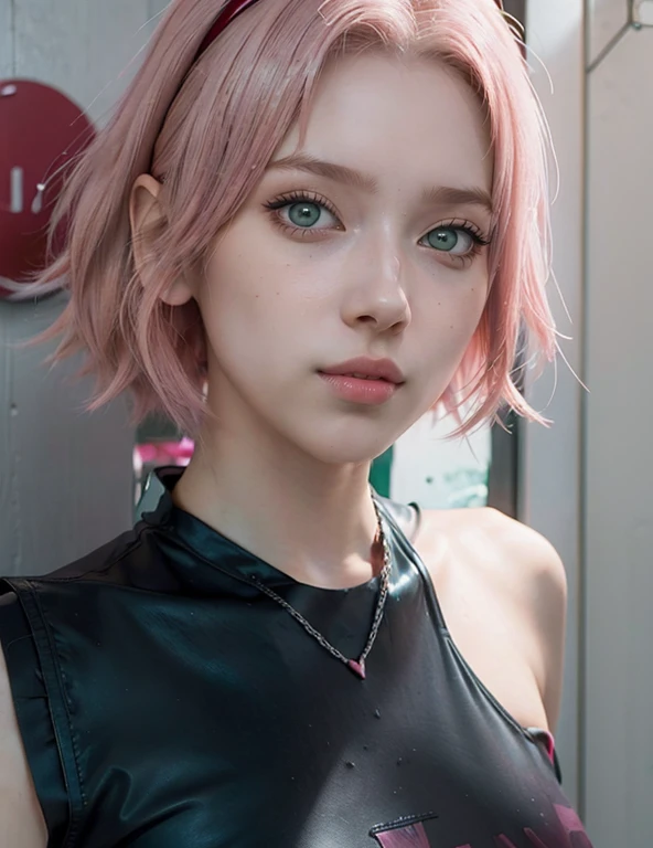 young woman, short shoulder-length pink hair, wide forehead, porcelain skin, pink eyebrows, big emerald green eyes, buttoned nose, full lips, heart-shaped face, slender body, small breasts, maroon tank top, Sakura Haruno , realistic, Realism, details, 3d, well detailed.