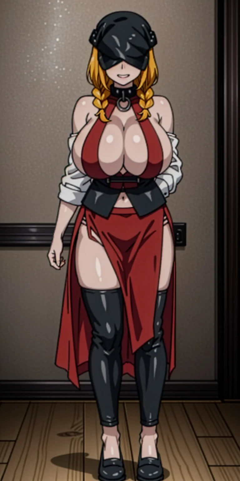(masterpiece, HI quality: 1.1) 1girl full body standing good face, nice ass, hairstyle: braid, Color Hair: long hair, Blindfolded: NO EYES, Skin: White (porcelain skin, sparkly skin), muscular, thighs, Mature woman, Abs, looks at the viewer smiling, extremely huge breasts, maternal, chest cover with clothes