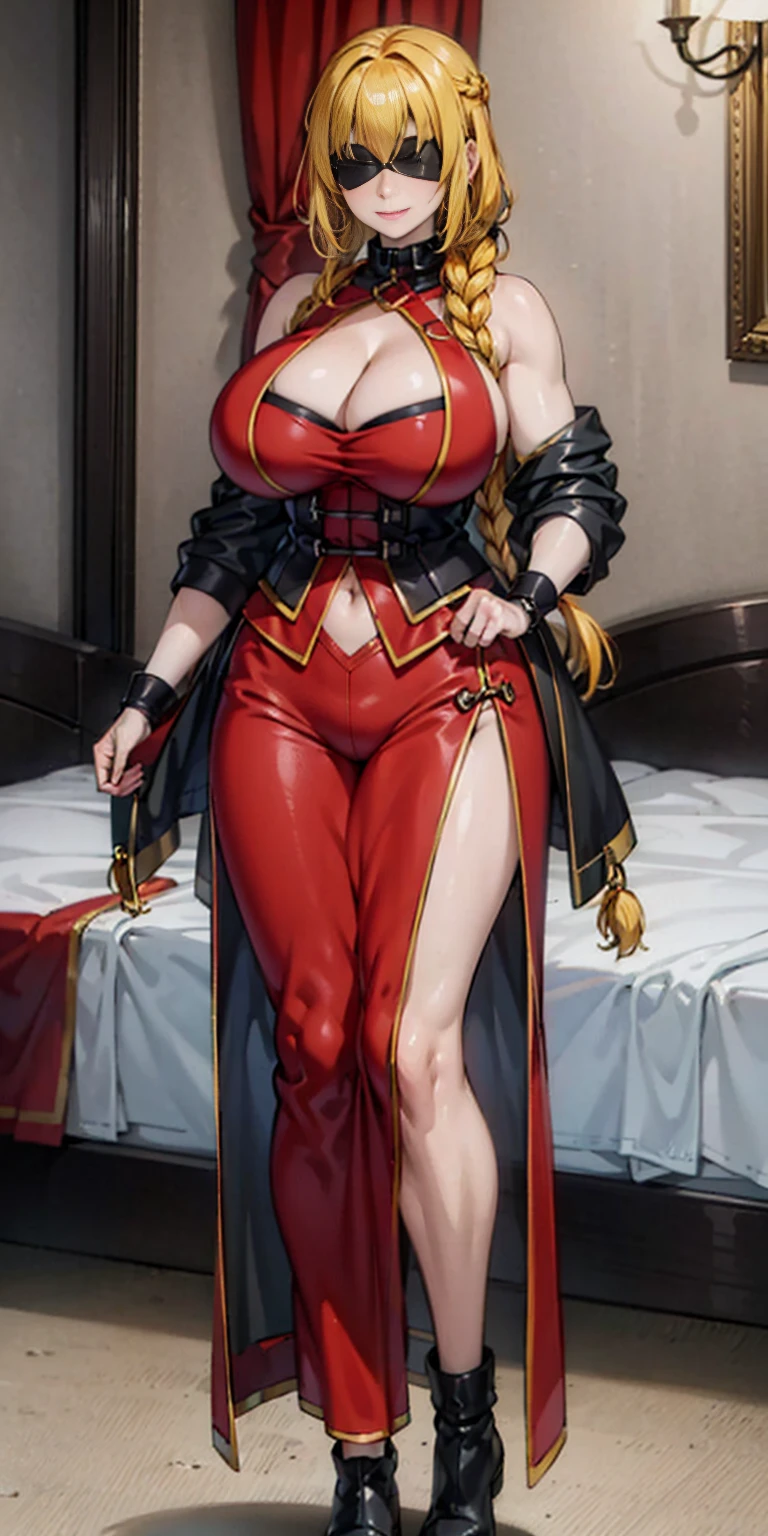 (masterpiece, HI quality: 1.1) 1girl full body standing good face, nice ass, hairstyle: braid, Color Hair: long hair, Blindfolded: NO EYES, Skin: White (porcelain skin, sparkly skin), muscular, thighs, Mature woman, Abs, looks at the viewer smiling, extremely huge breasts, maternal, chest cover with clothes