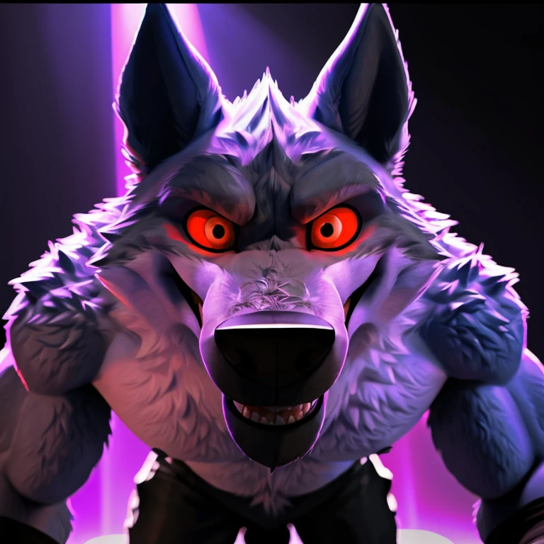 deathwolf, 4k, high resolution, best quality, posted on e621, solo, anthro body, male, adult, very masculine, (very muscular, big pectorals, heavyweight, defined muscles:1.2), (no background, black background, purple fire:1.1), (by wfa:0.8), (by negger:0.8), (looking at camera:1.1), (detailed fur, photorealistic shading, photorealistic fur, cgi, pixar fur, detailed:1.2), serious eyes, open mouth, long tongue out, smile, (on all fours, crawling towards camera:1.1), close-up, (black pants:1.2), bare torso, (dramatic lighting, darkness:1.5), (glow:1.2)