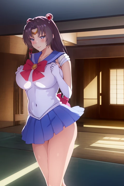 masterpiece, best quality, beautiful art, high resolution, well formed hands, body and fingers, 1 woman, solo, Sayuki Tokihara, adult, big breasted, cleavage , full body, wearing a Sailor Moon outfit, gorgeous legs and thighs, sexy sailor senshi uniform, sailor collar, blue skirt, pigtails, elbow gloves, ,skirt lifted by the wind, white leotard peeking, dancing seductively and erotically, smiling joyfully, looking at the viewer, flirting, beach environment
