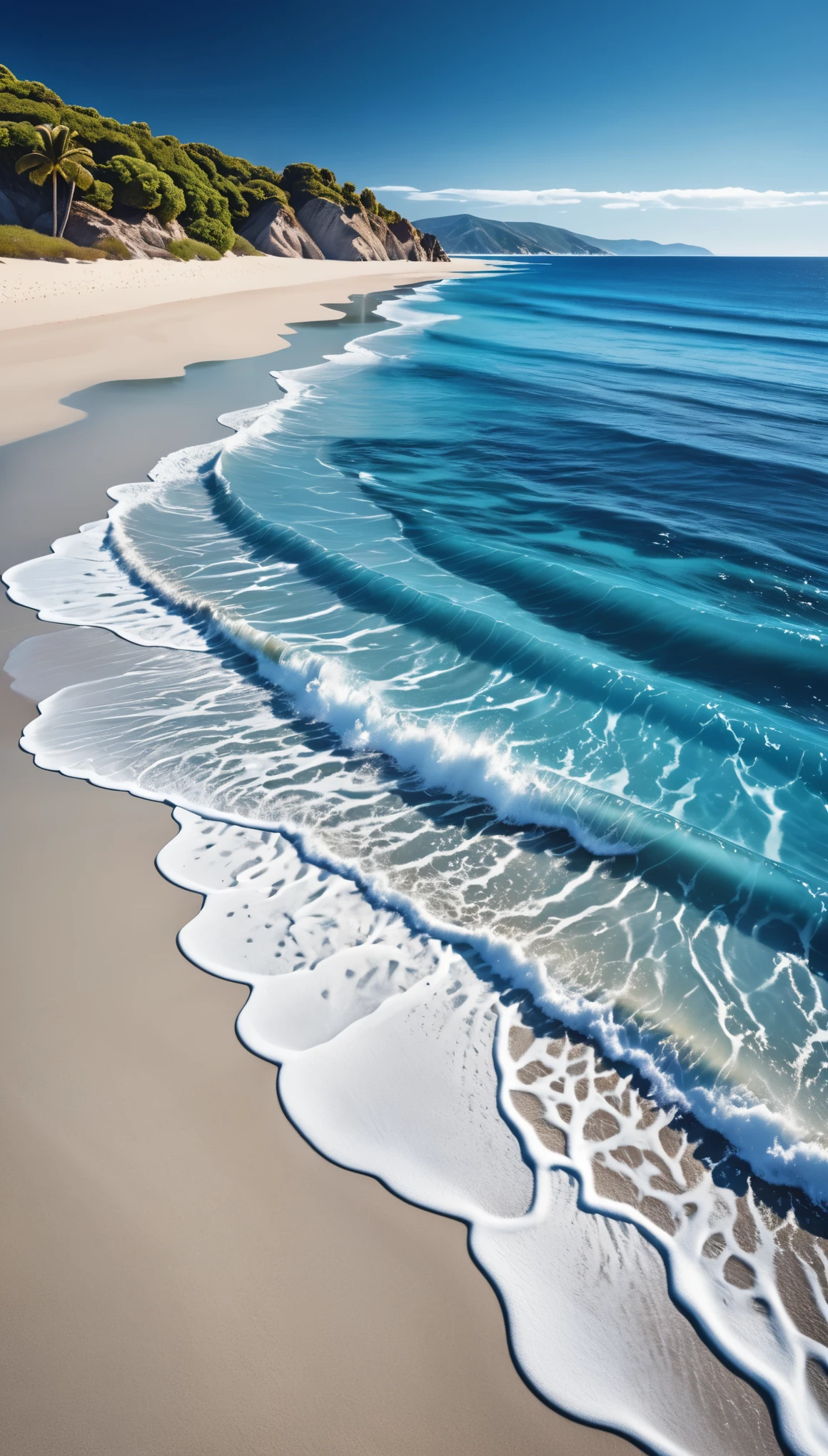 best quality, super fine, 16k, incredibly absurdres, extremely detailed, delicate, flashy and dynamic depiction, blue coast, blue sea, blue sky, blue sand, white sand, transparent and translucent blue image filters, all blue