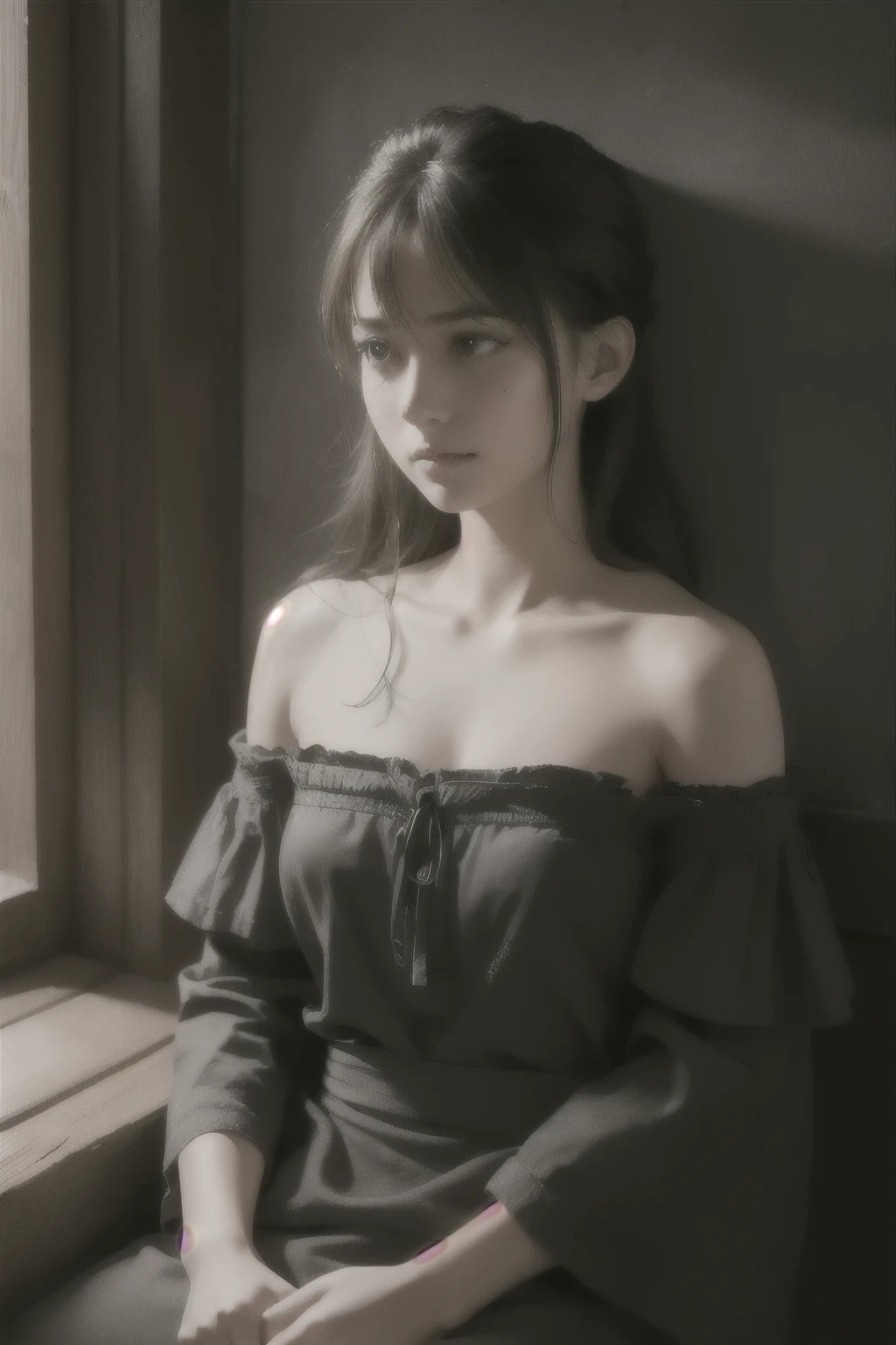 highest quality, masterpiece, Ultra-high resolution, (Realistic:1.4), RAW Photos, (Real skin texture:1.3), (Film Grain:1.3), Panorama, Portraits, Very wide shot, Tight waist, Cowboy Shot, (In the Dark, Deep Shadow, Modest, Cold Light,) night, close, Tears flow,
indoor, Dust, Tyndall effect, sad, It was a shame, dark (Performance), Sitting, (Against the wall), Are crying, Frowning, (head lowered), Nervous, tear up, ,
One girl, Beautiful and detailed eyes and face, White Jabot, Off the shoulder, Brown eyes,
