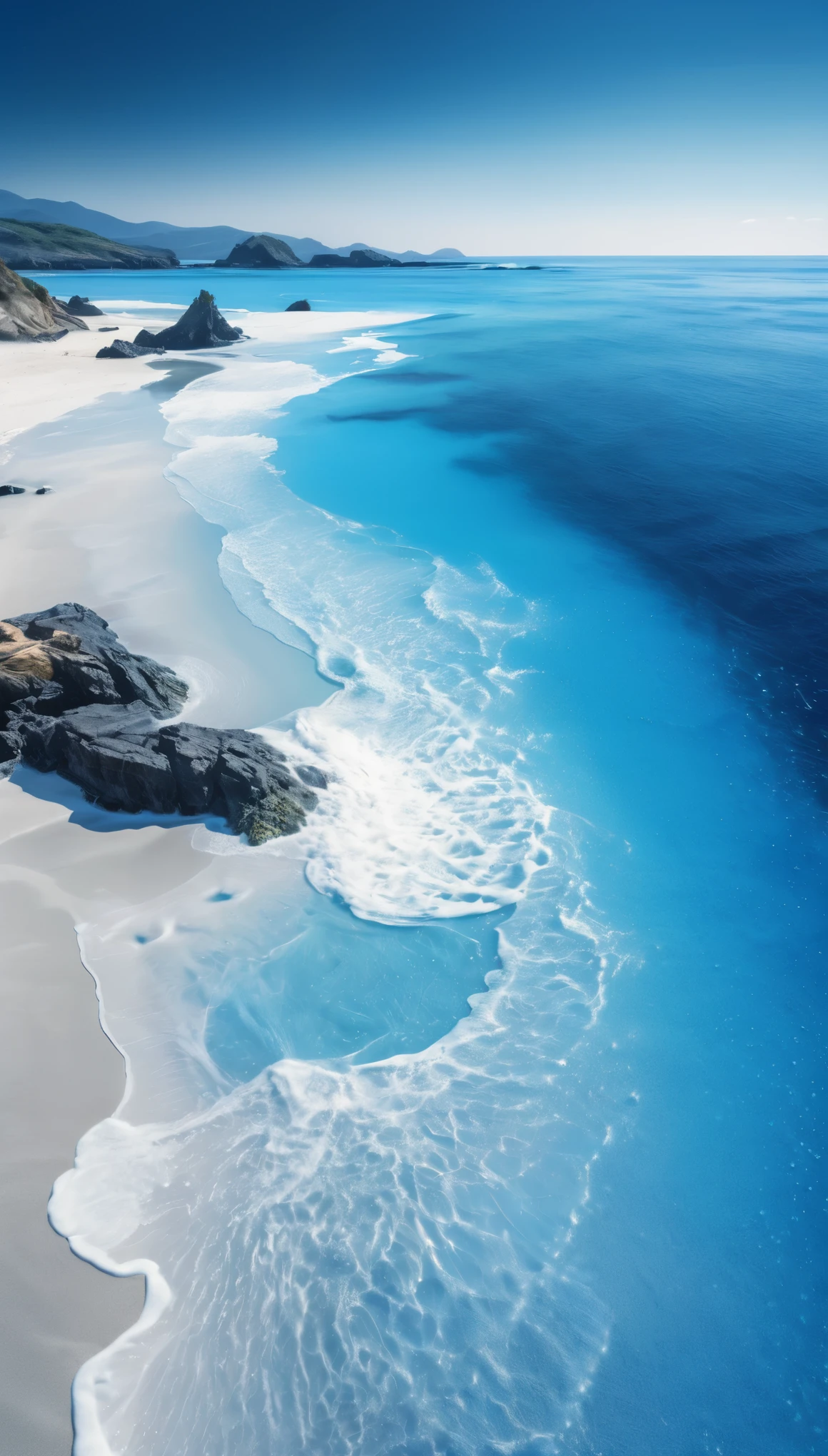 best quality, super fine, 16k, incredibly absurdres, extremely detailed, delicate, flashy and dynamic depiction, blue coast, blue sea, blue sky, blue sand, white sand, transparent and translucent blue image filters, all blue