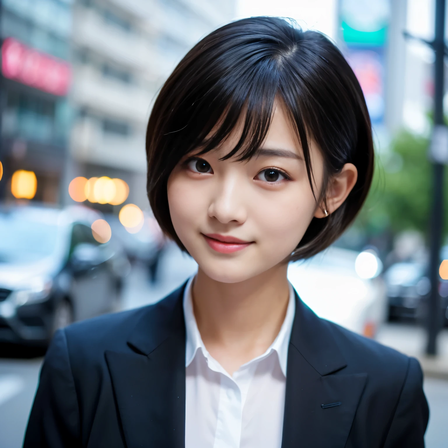 Best-quality, Masterpiece, Ultra-High-Resolution, (Photorealistic:1.4), Raw-Photo, depth of field, professional-lighting, 1girl, the most famous Japanese idol, 15-years-old, wearing business suit with stylish-design, (extremely cute face like the most popular Japanese idol, ((extremely beautiful big-black-eyes)), extremely beautiful black-short-cut-haired), extremely beautiful skins, extremely beautiful long-eyelashes, extremely beautiful lips, looking at viewer, innocent-smile, detailed business-suit