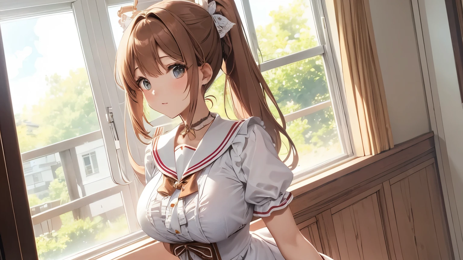 Sailor collar blouse with lots of frills and lace A white skirt with lots of frills and lace Panniers Beauty Chestnut-colored ponytail with hair ornament Upper Body Big Breasts