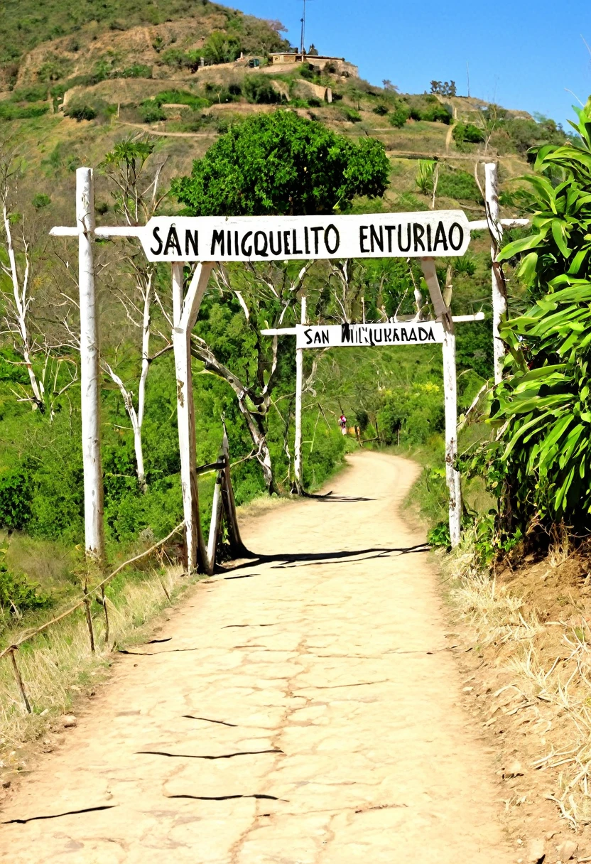 Sign that says “San Miguelito, entrada a un pueblo, fondo rural,
