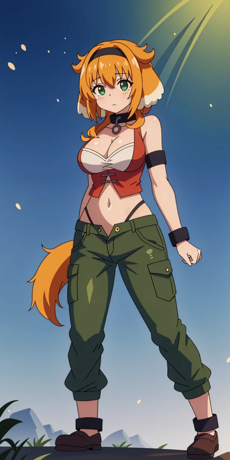 (Roxanne Demin kin 1girl, solo, breasts, large breasts, navel, animal ears, cleavage, tail, hairband, pants, orange hair, collar, dog ears, dog tail, dog girl, black collar, green pants, floppy ears, leather slave collar choker, bracers) (Roxanne | Slave Harem in the Labyrinth of the Other World)