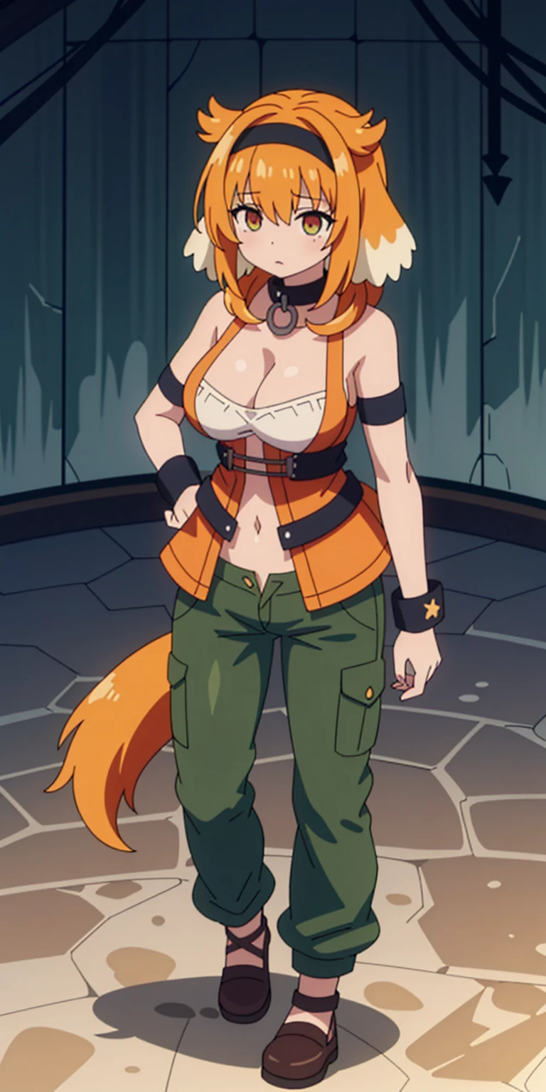 (Roxanne Demin kin 1girl, solo, breasts, large breasts, navel, animal ears, cleavage, tail, hairband, pants, orange hair, collar, dog ears, dog tail, dog girl, black collar, green pants, floppy ears, leather slave collar choker, bracers) (Roxanne | Slave Harem in the Labyrinth of the Other World)