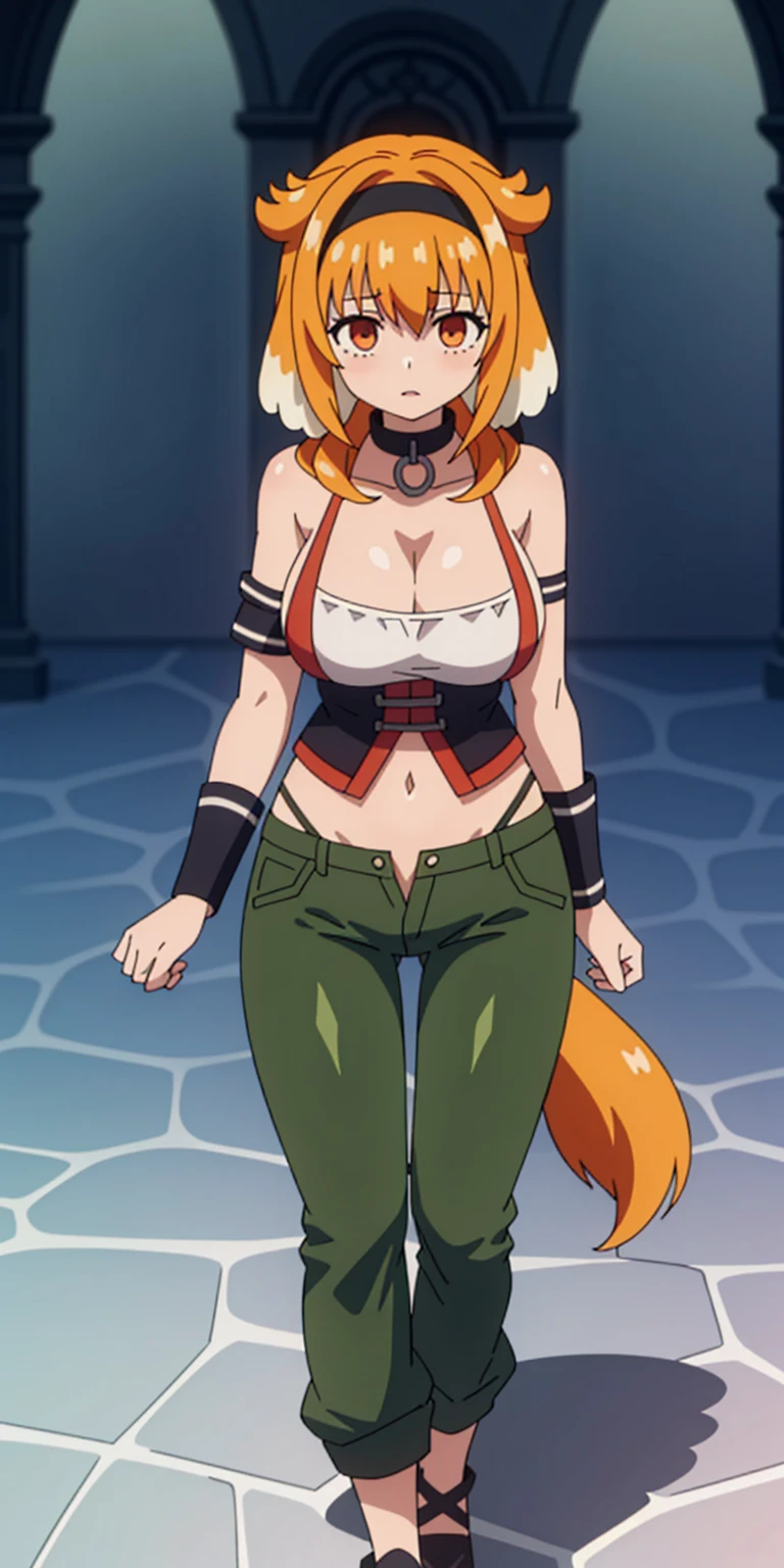(Roxanne Demin kin 1girl, solo, breasts, large breasts, navel, animal ears, cleavage, tail, hairband, pants, orange hair, collar, dog ears, dog tail, dog girl, black collar, green pants, floppy ears, leather slave collar choker, bracers) (Roxanne | Slave Harem in the Labyrinth of the Other World)