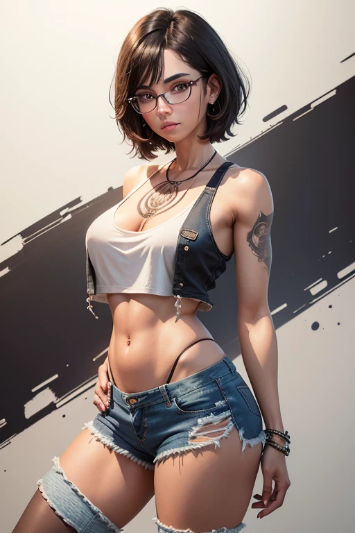 The full body image shows a brunette American woman, wearing a white tank top, wavy shag haircut, nerdy glasses, ripped denim shorts with black stockings, exposed abdomen, Tribal full tattoos in both arms, posing in a relaxed manner, white studio background, super detailed, detailed body, detailed face, dim lighting.